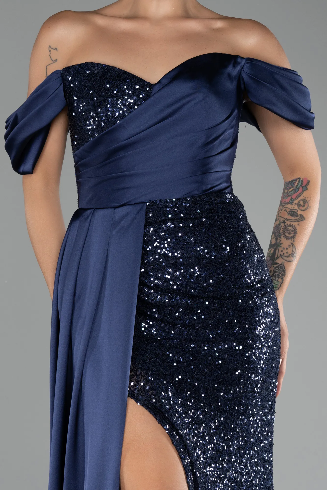 Navy Blue-Boat Neck Slit Long Sequined Evening Gown ABU4085