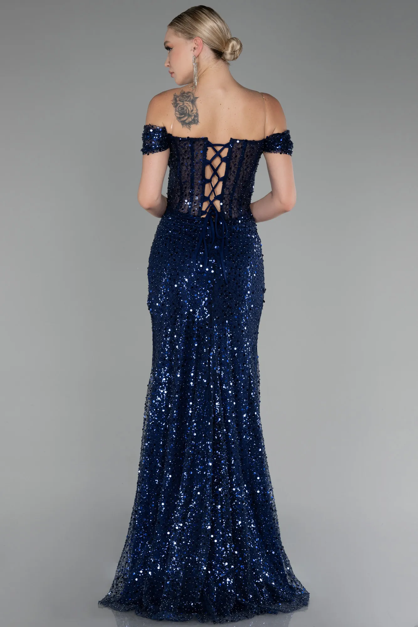 Navy Blue-Boat Neck Slit Long Sequined Evening Gown ABU4120