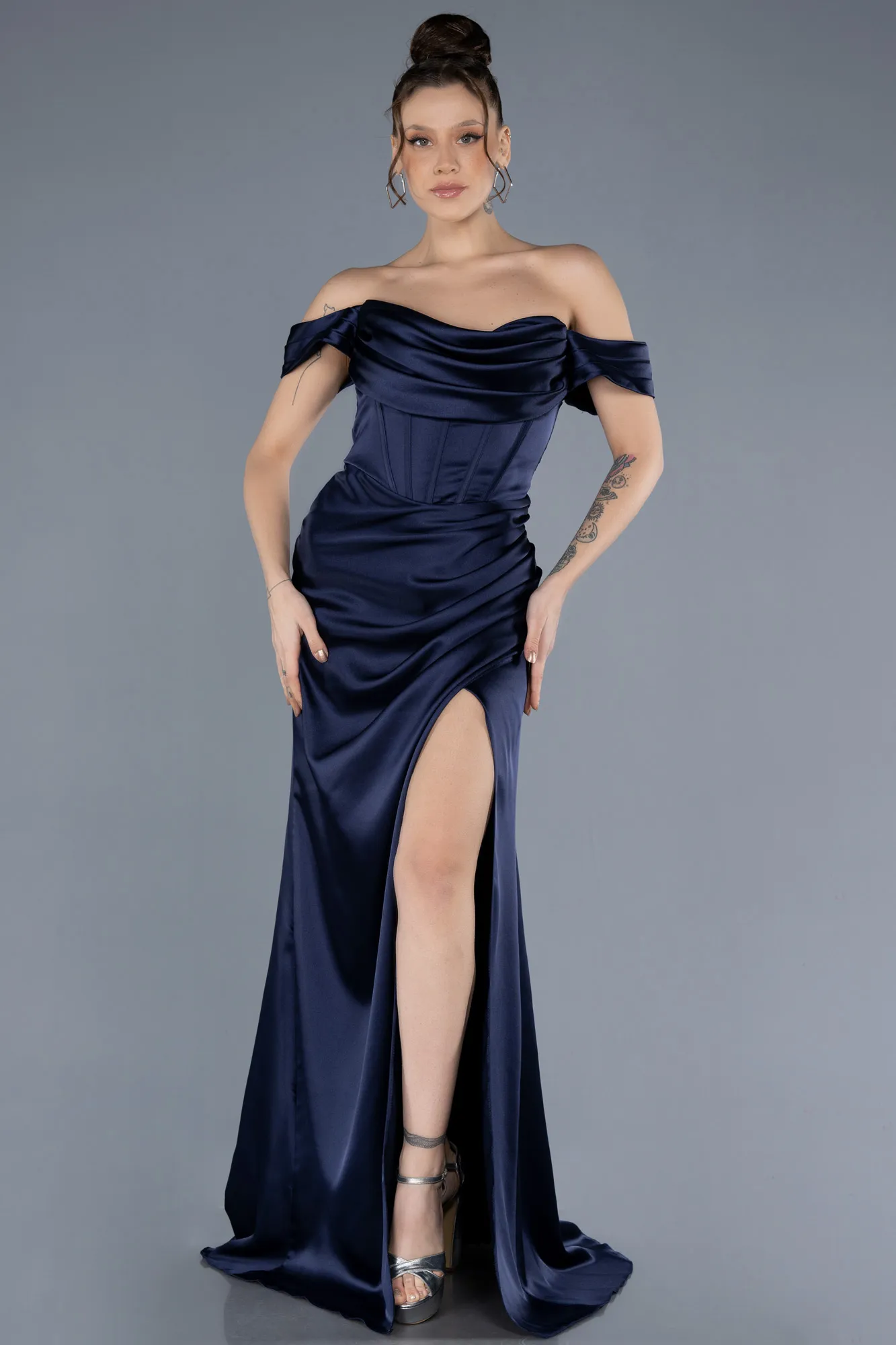 Navy Blue-Boat Neck Slit Satin Long Prom Gown ABU4582