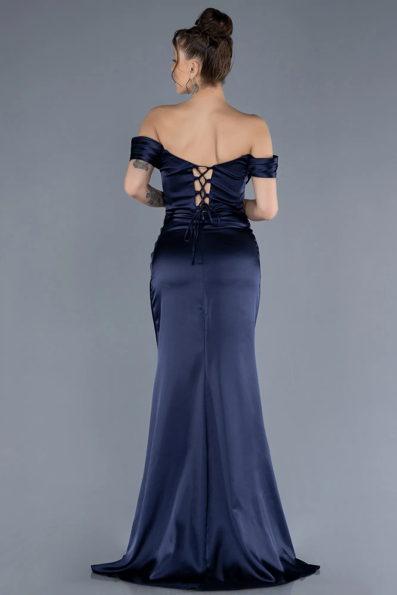 Navy Blue-Boat Neck Slit Satin Long Prom Gown ABU4582