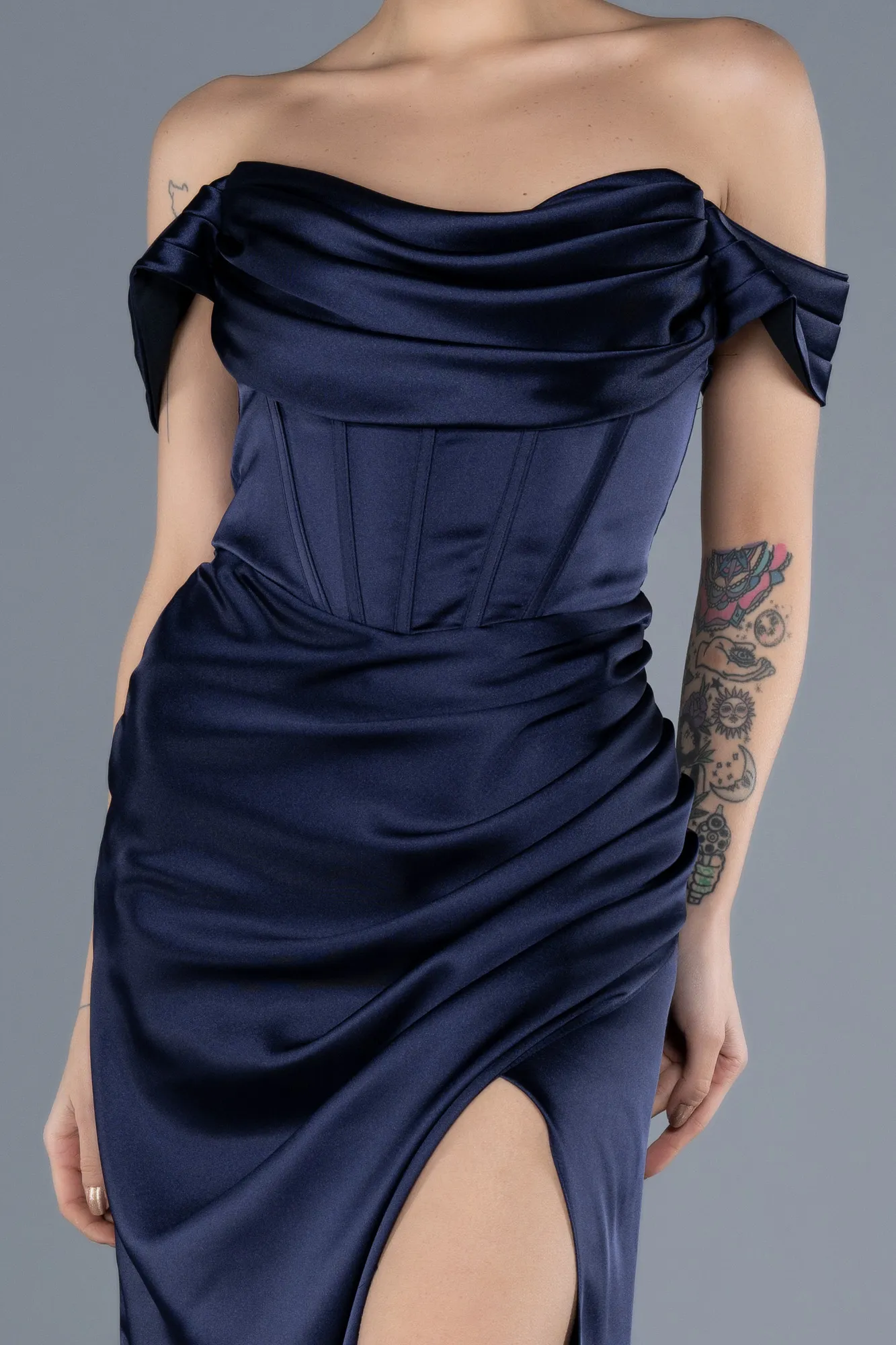 Navy Blue-Boat Neck Slit Satin Long Prom Gown ABU4582