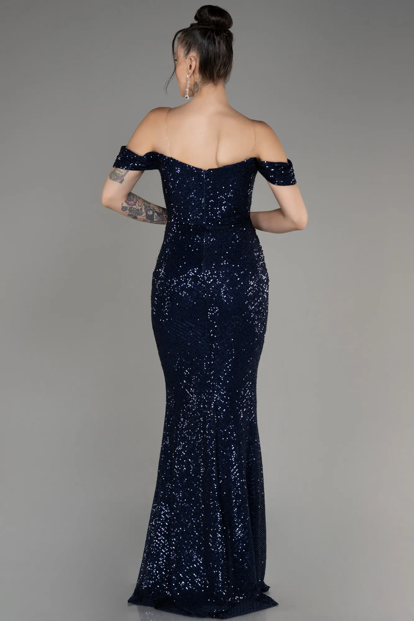 Navy Blue-Boat Neck Slit Sequined Long Evening Dress ABU4040