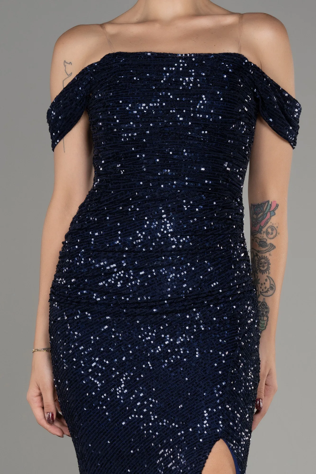 Navy Blue-Boat Neck Slit Sequined Long Evening Dress ABU4040