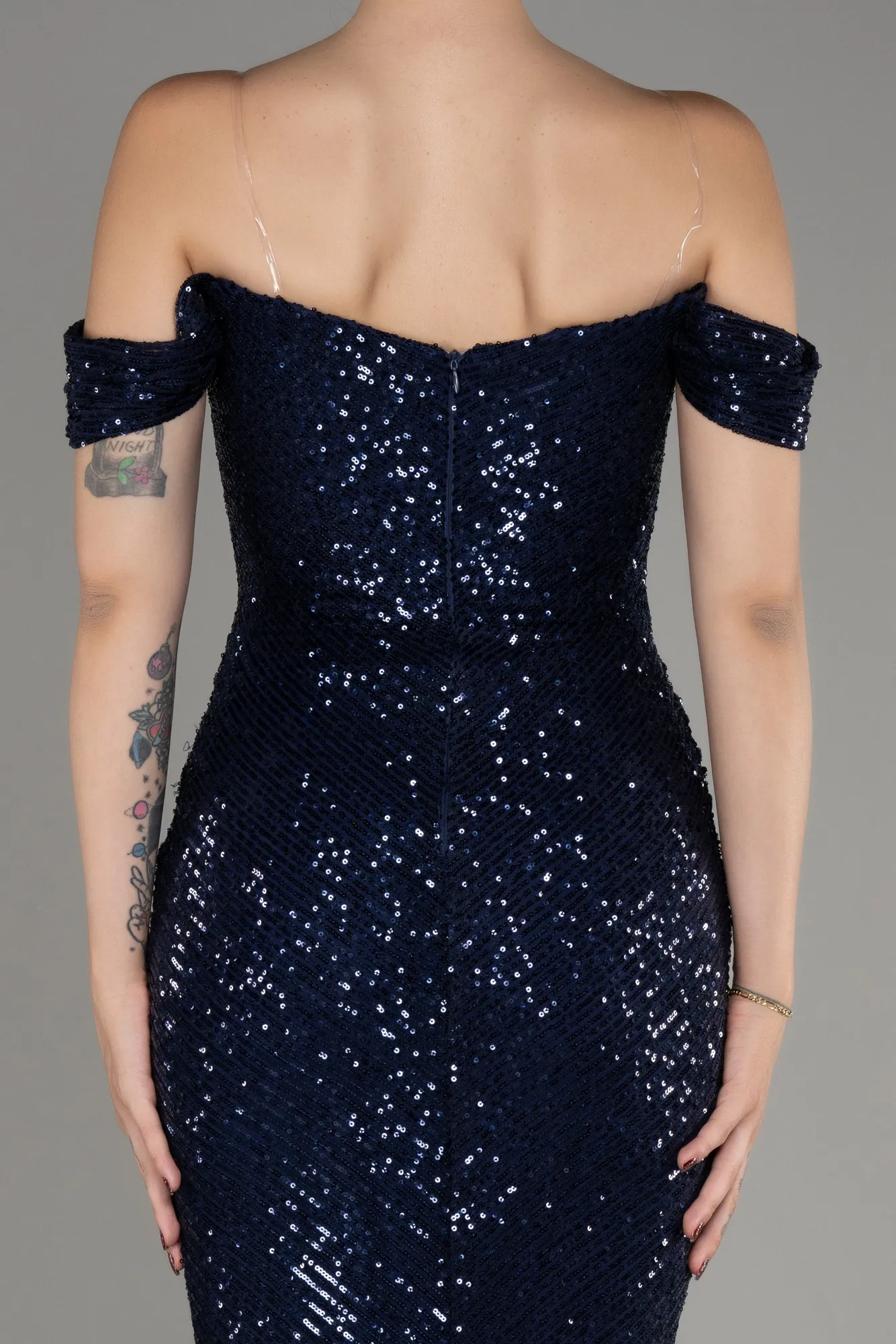 Navy Blue-Boat Neck Slit Sequined Long Evening Dress ABU4040