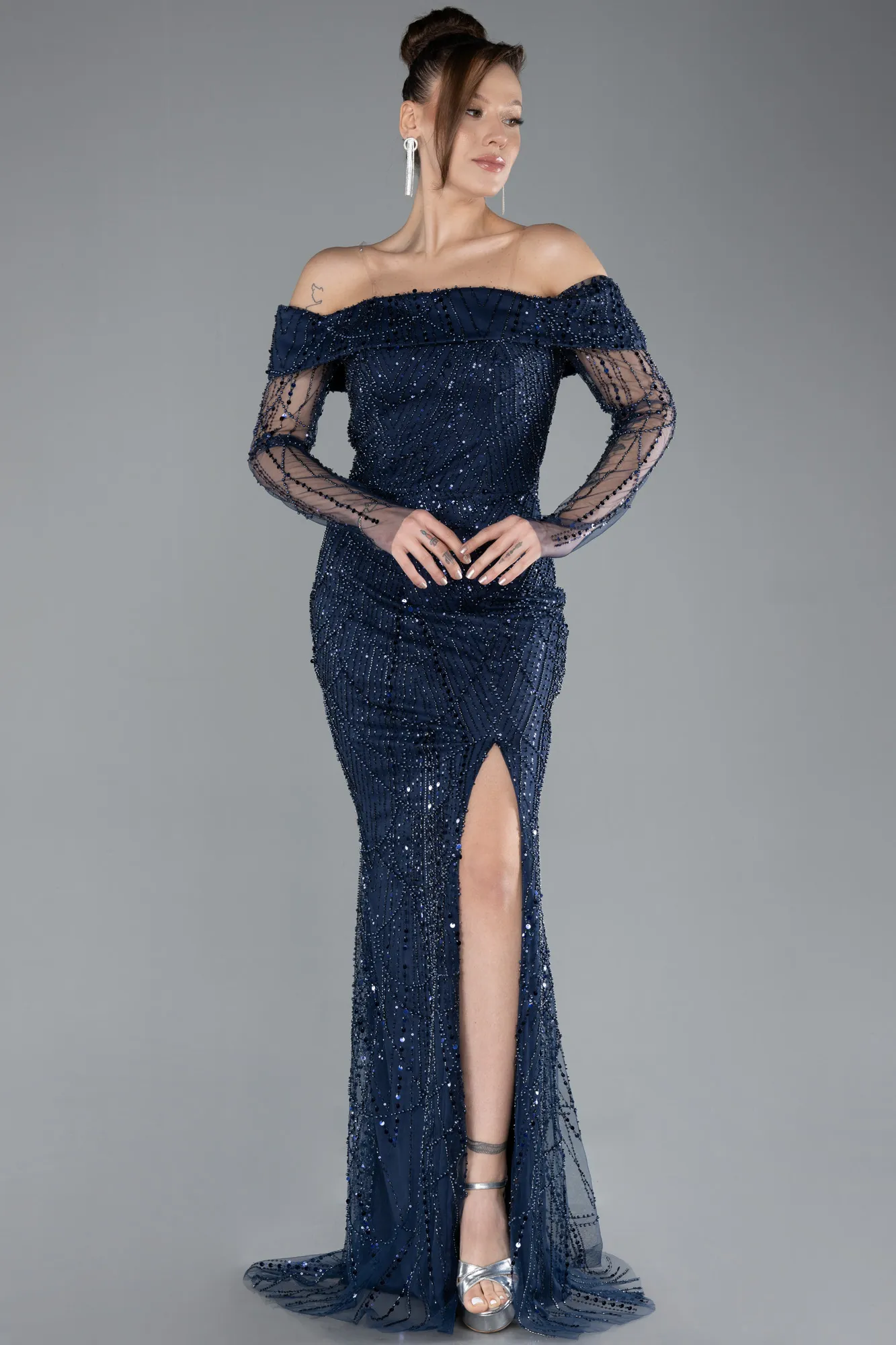 Navy Blue-Boat Neck Slit Stone Long Mermaid Evenng Gown ABU4521