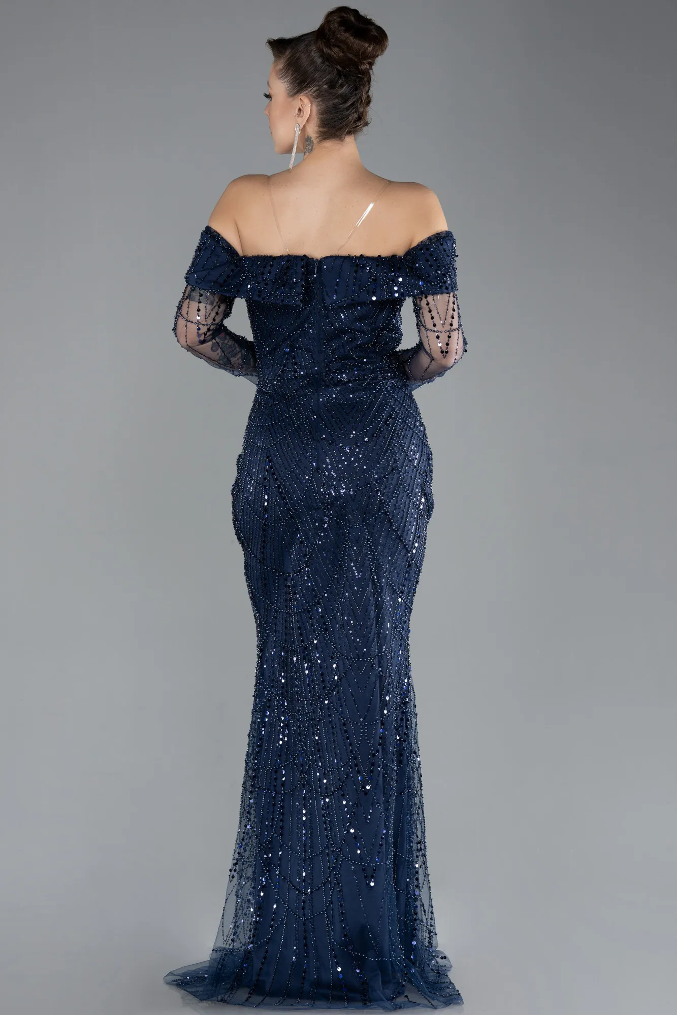 Navy Blue-Boat Neck Slit Stone Long Mermaid Evenng Gown ABU4521