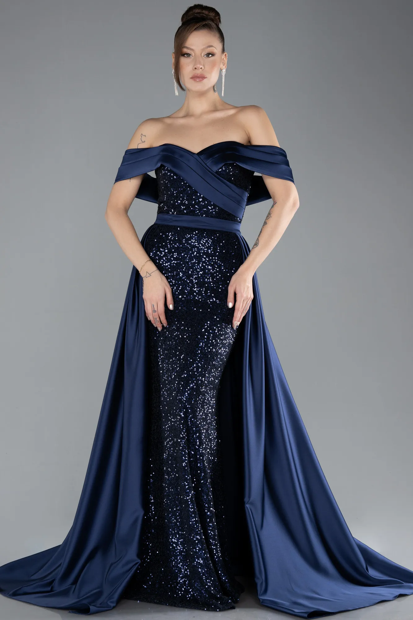 Navy Blue-Boat Neck Tail Long Sequined Evening Gown ABU4515