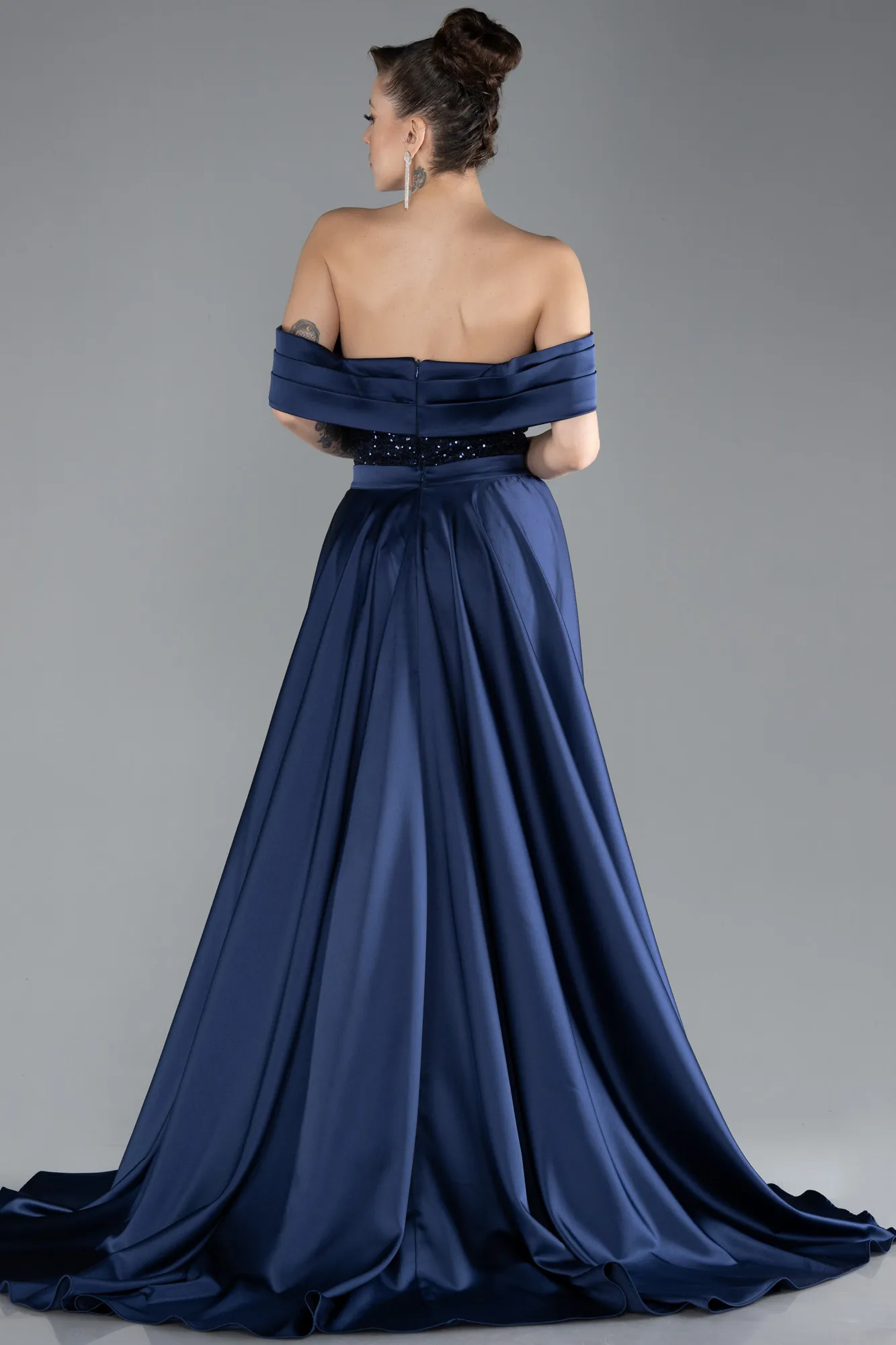 Navy Blue-Boat Neck Tail Long Sequined Evening Gown ABU4515