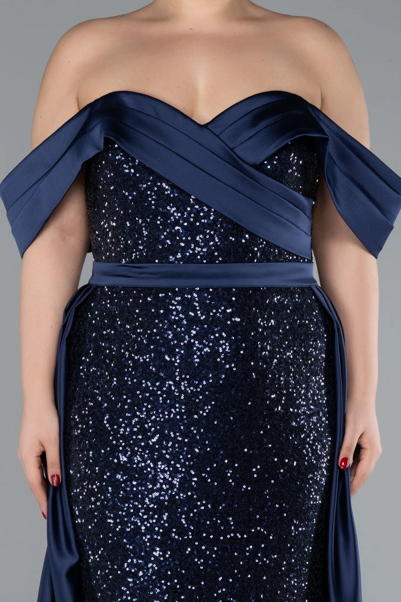 Navy Blue-Boat Neck Tail Long Sequined Plus Size Evening Gown ABU4516