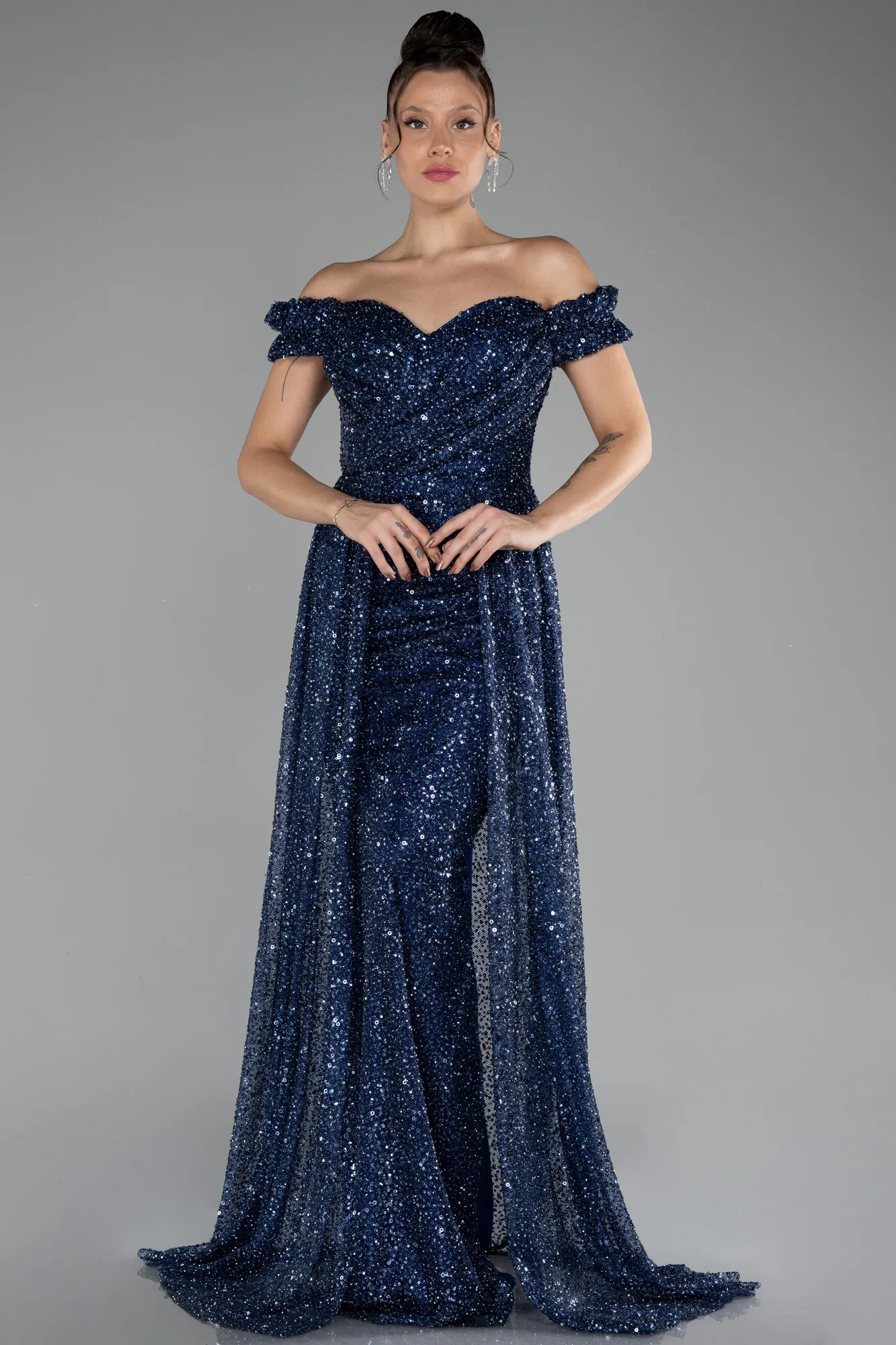 Navy Blue-Boat Neck Tail Long Stone Evening Gown  ABU4224