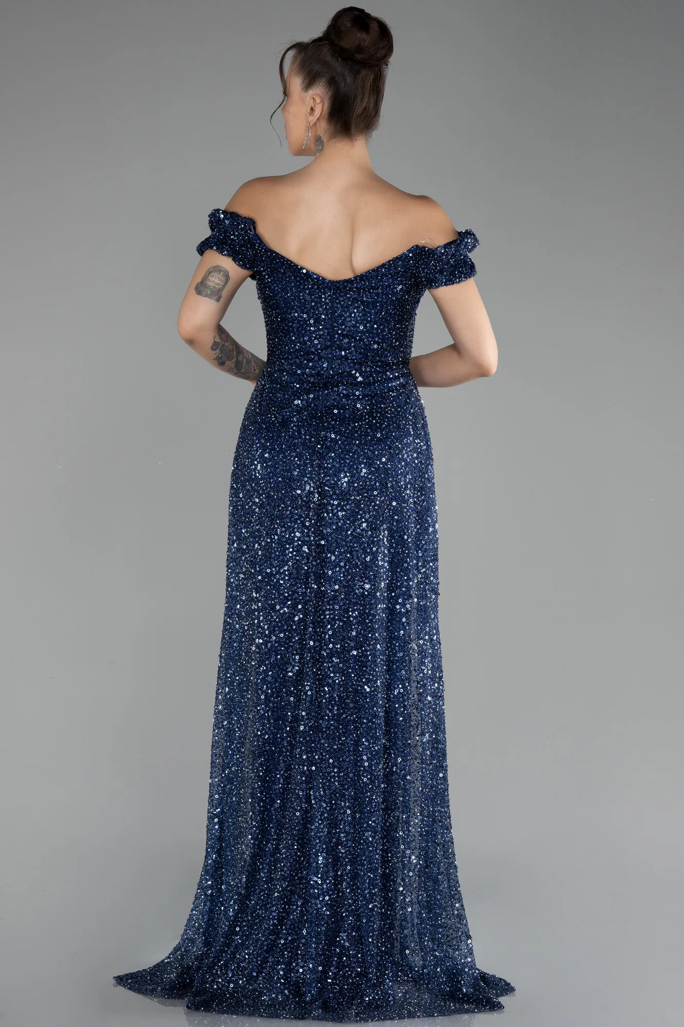 Navy Blue-Boat Neck Tail Long Stone Evening Gown  ABU4224