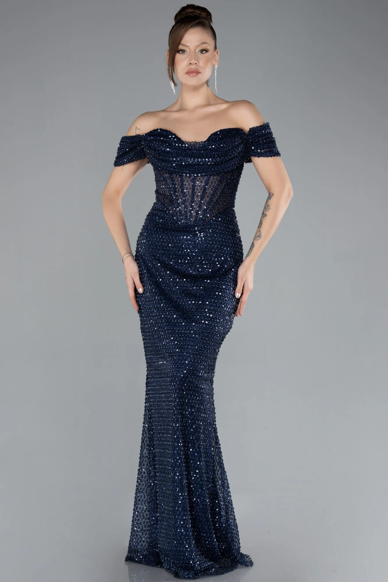 Navy Blue-Boat Neck Underwire Corset Long Sequined Mermaid Evening Gown ABU4511