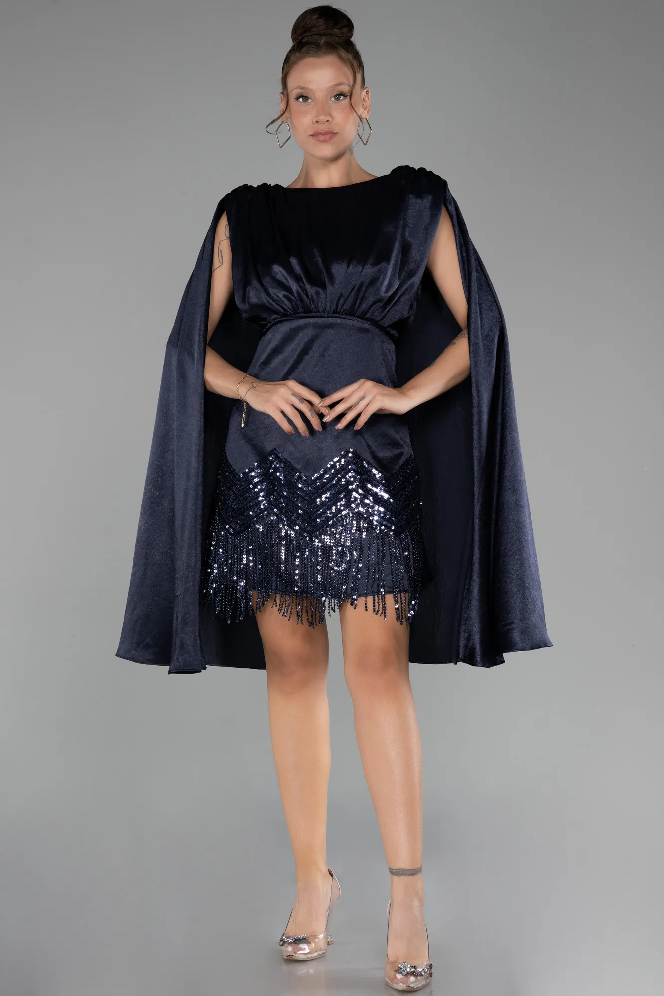 Navy Blue-Cape Open Back Short Party Dress ABK2152