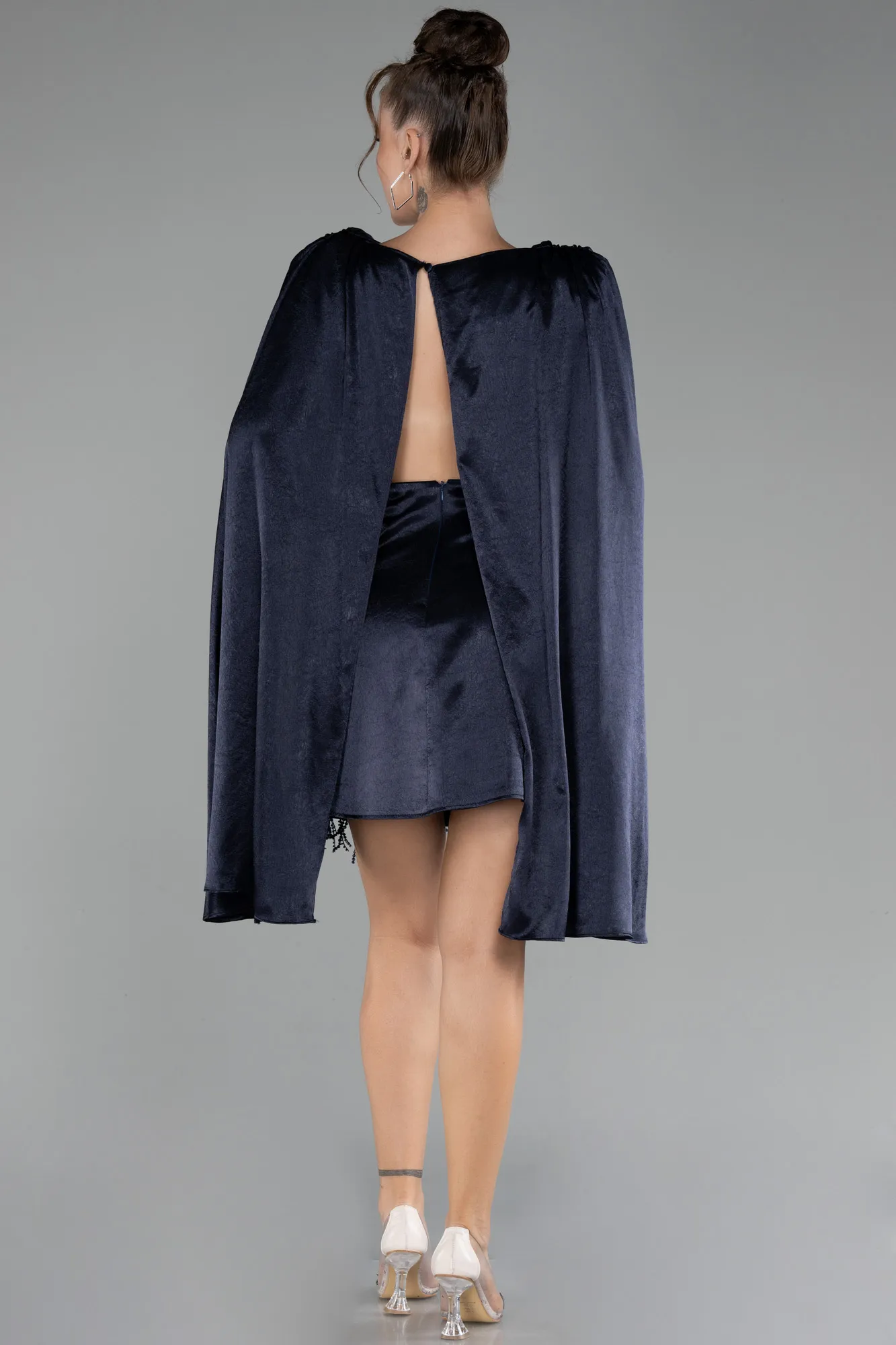 Navy Blue-Cape Open Back Short Party Dress ABK2152