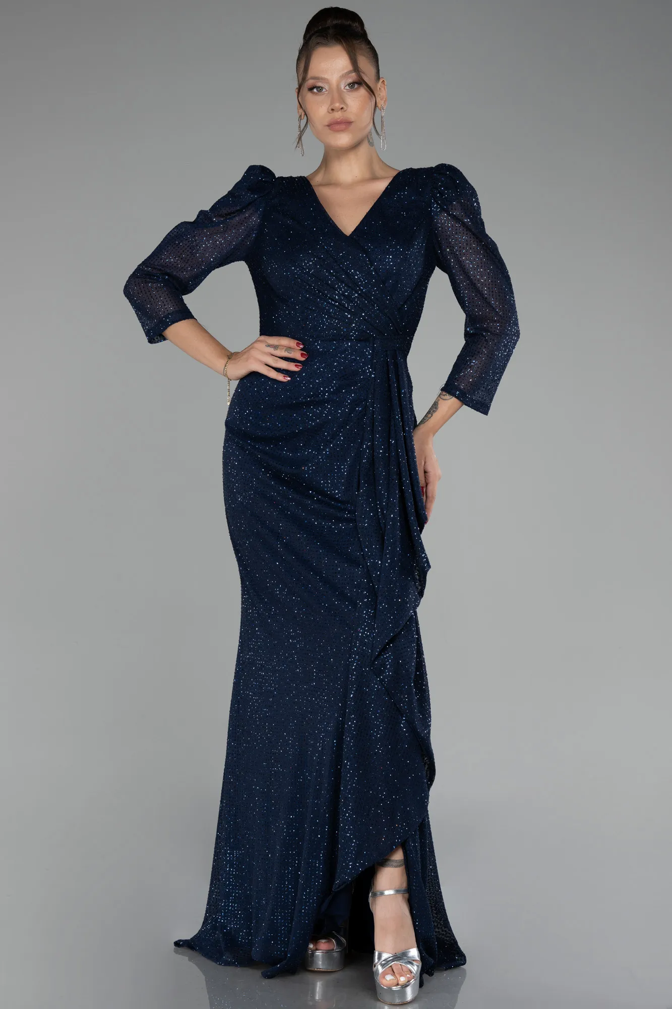 Navy Blue-Capri Sleeve Long Sequin Plus Size Evening Dress ABU4106