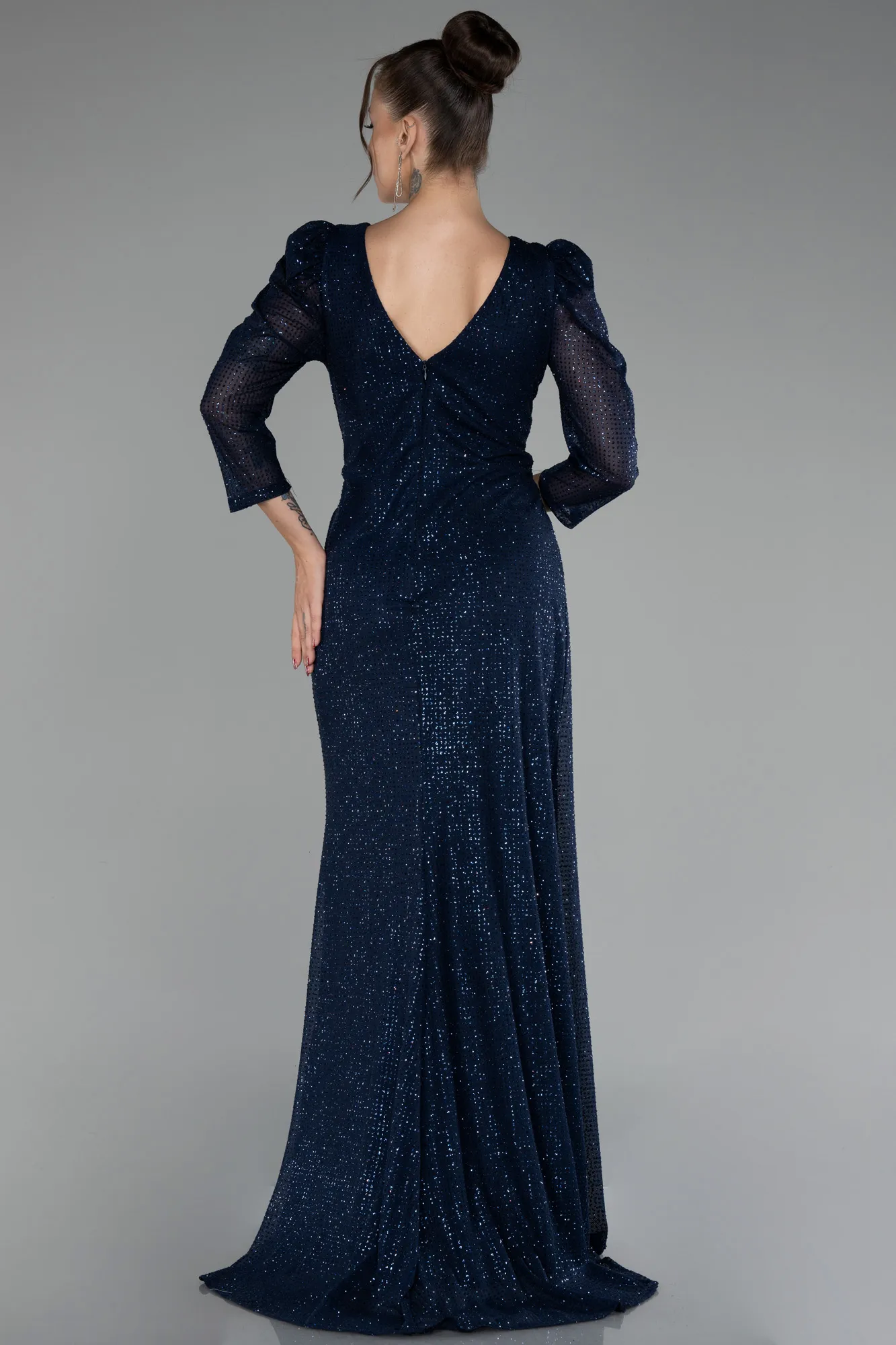 Navy Blue-Capri Sleeve Long Sequin Plus Size Evening Dress ABU4106