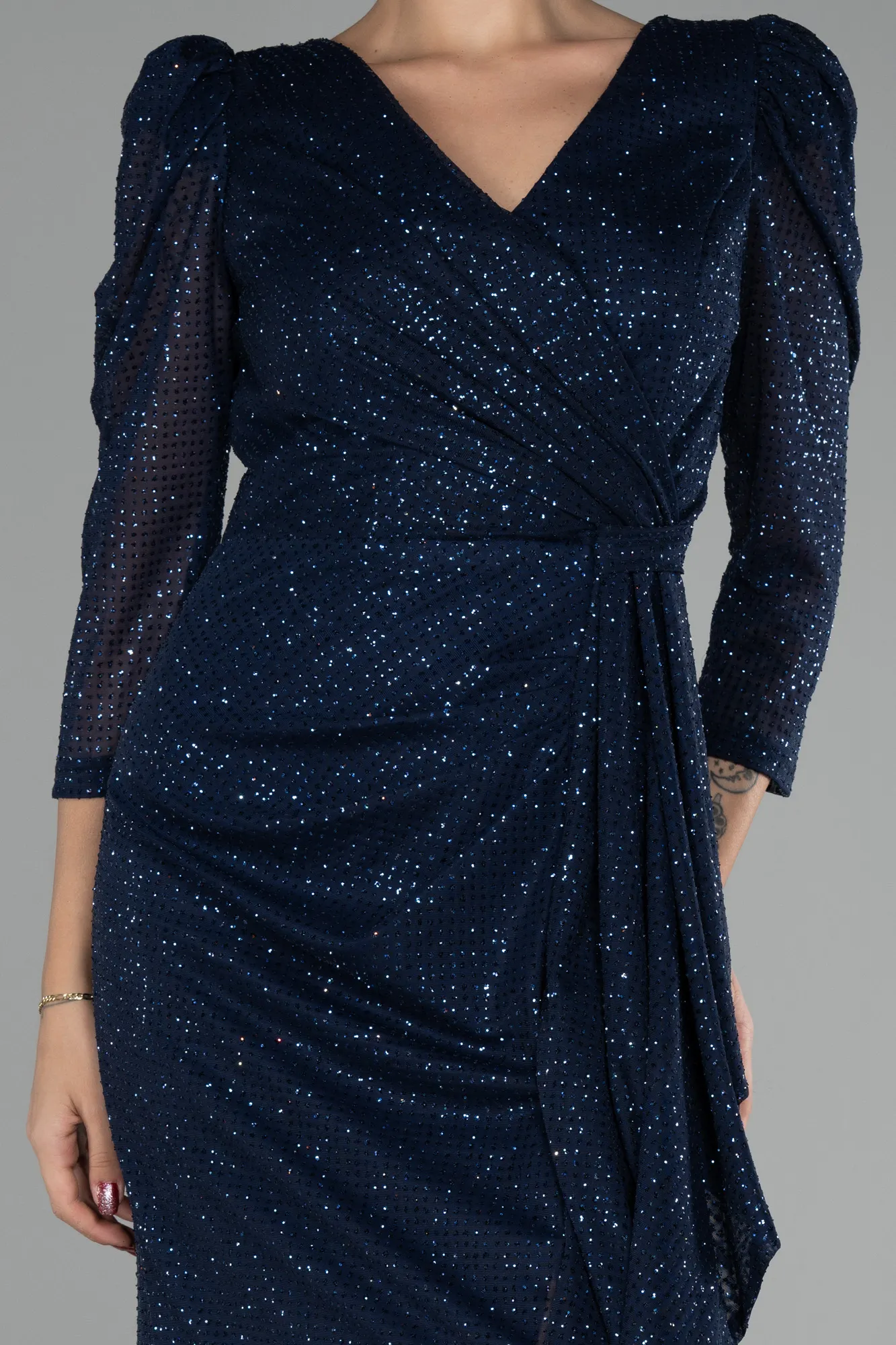 Navy Blue-Capri Sleeve Long Sequin Plus Size Evening Dress ABU4106