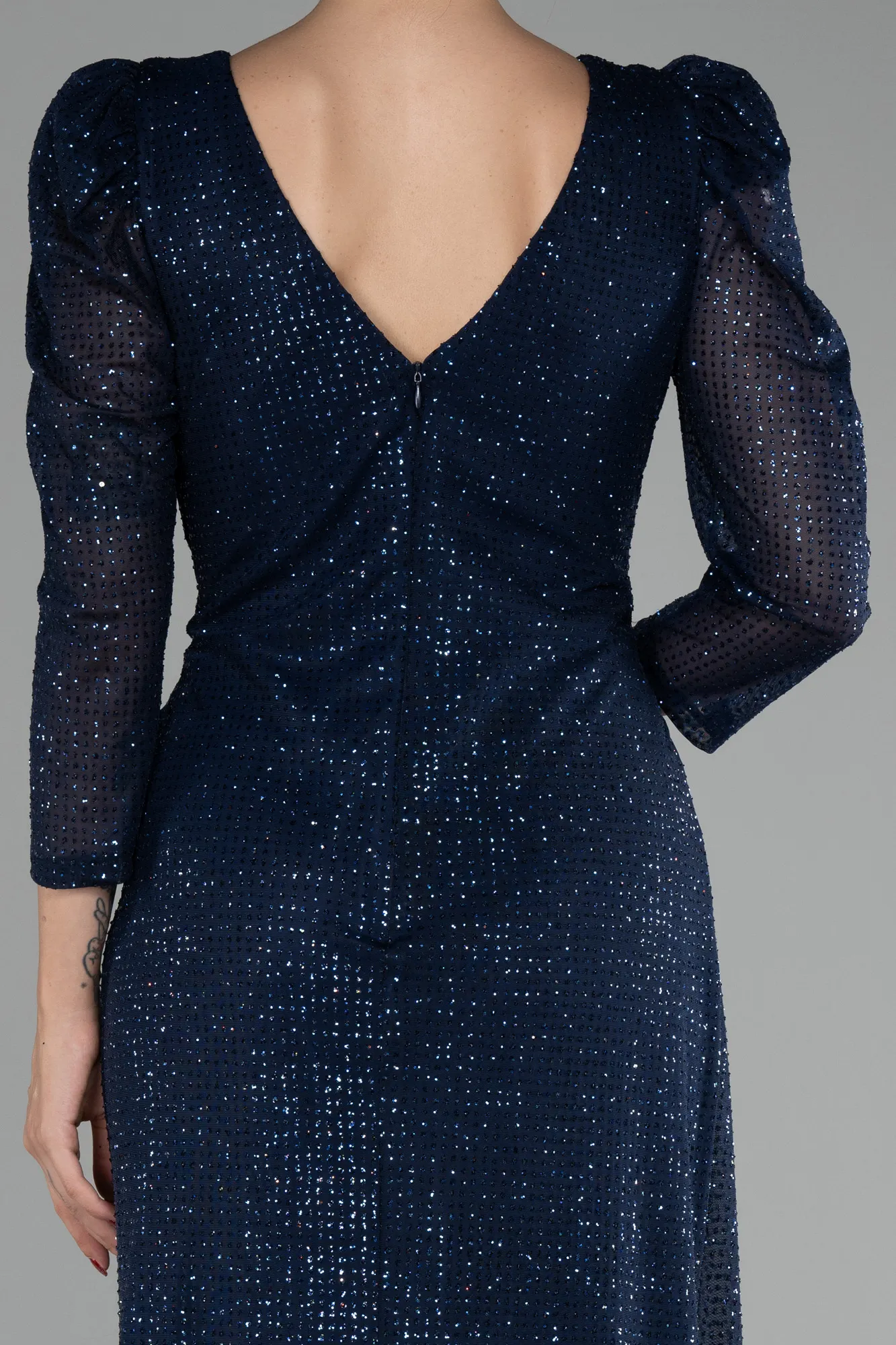 Navy Blue-Capri Sleeve Long Sequin Plus Size Evening Dress ABU4106