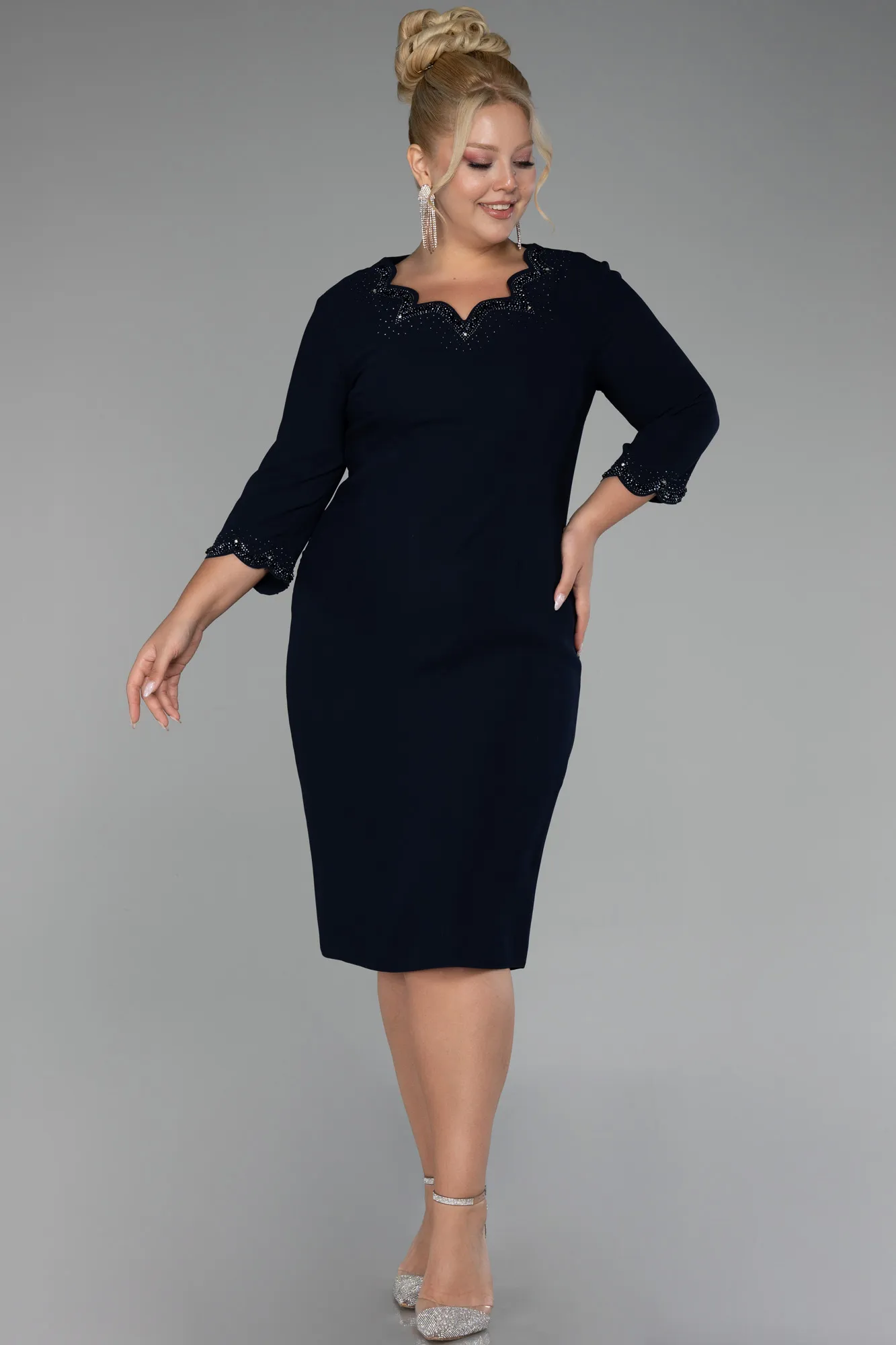 Navy Blue-Capri Sleeve Midi Plus Size Evening Dress ABK2095