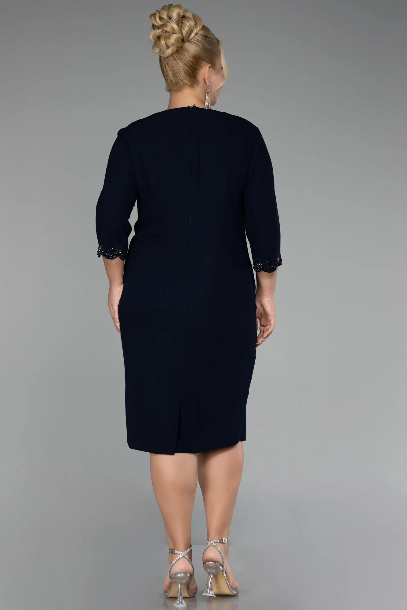 Navy Blue-Capri Sleeve Midi Plus Size Evening Dress ABK2095