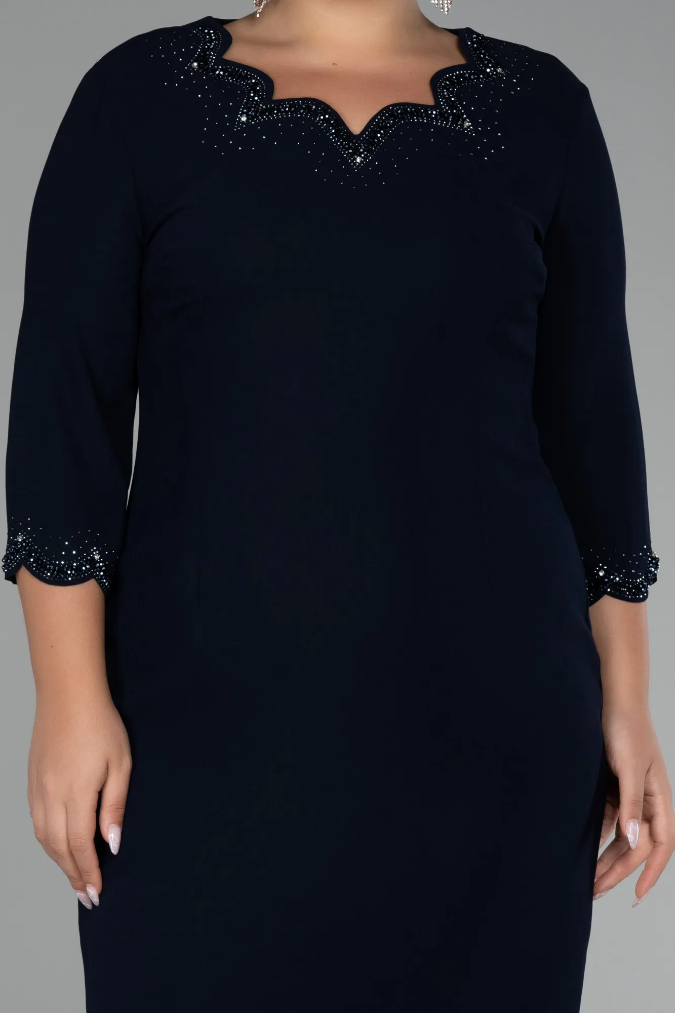 Navy Blue-Capri Sleeve Midi Plus Size Evening Dress ABK2095