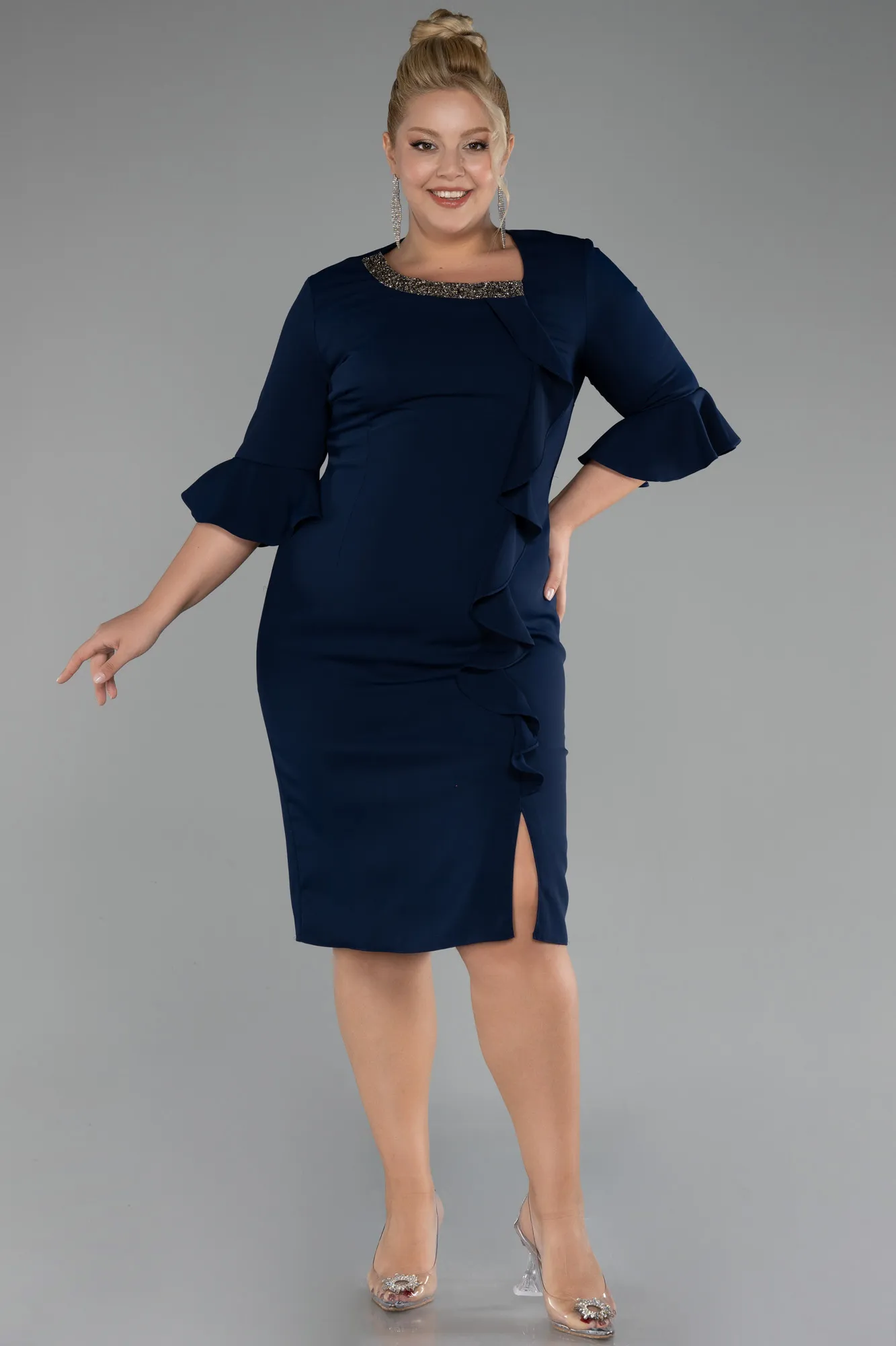 Navy Blue-Capri Sleeve Midi Plus Size Invitation Dress ABK2136