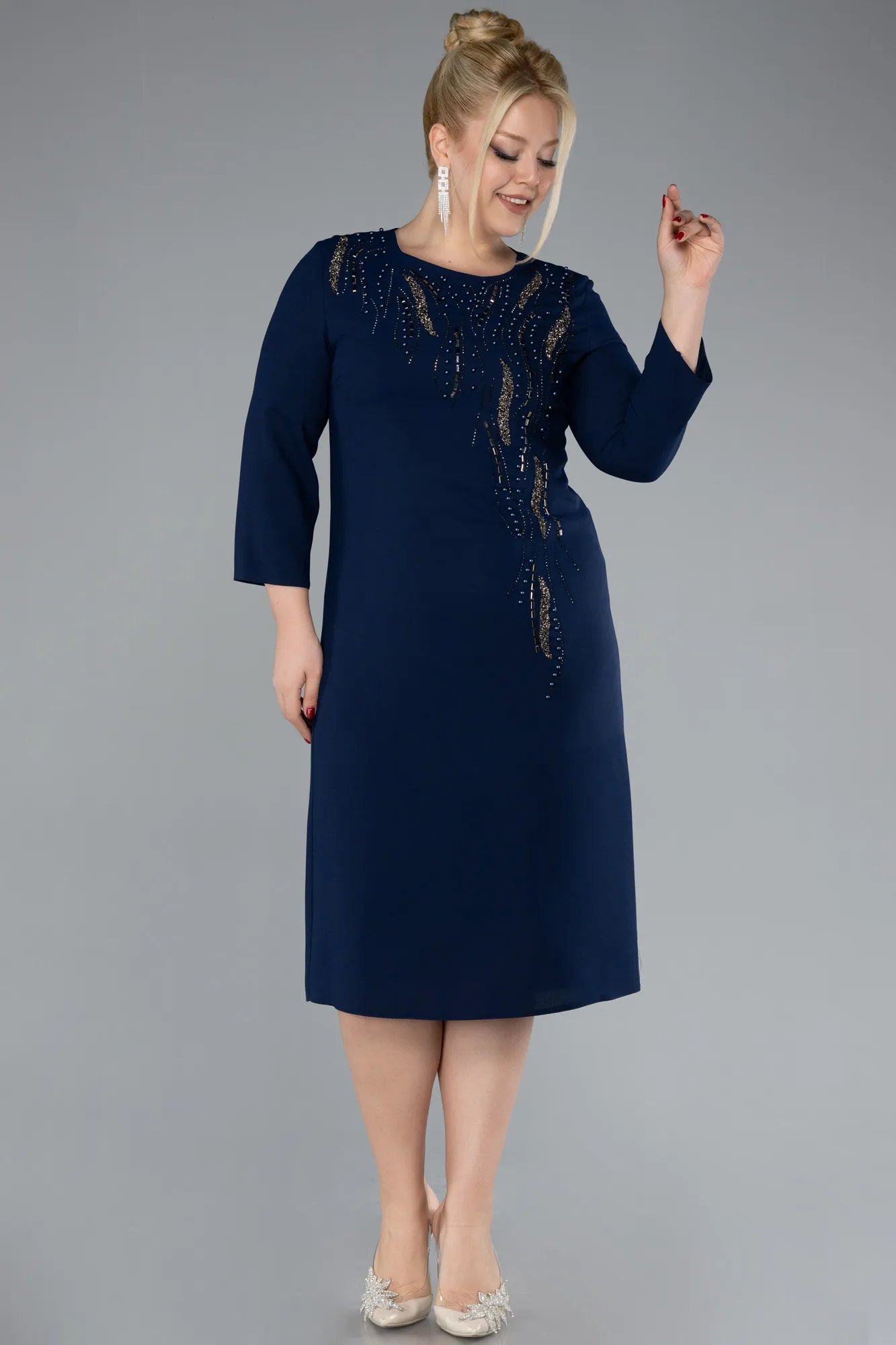 Navy Blue-Capri Sleeve Midi Plus Size Invitation Dress ABK2197