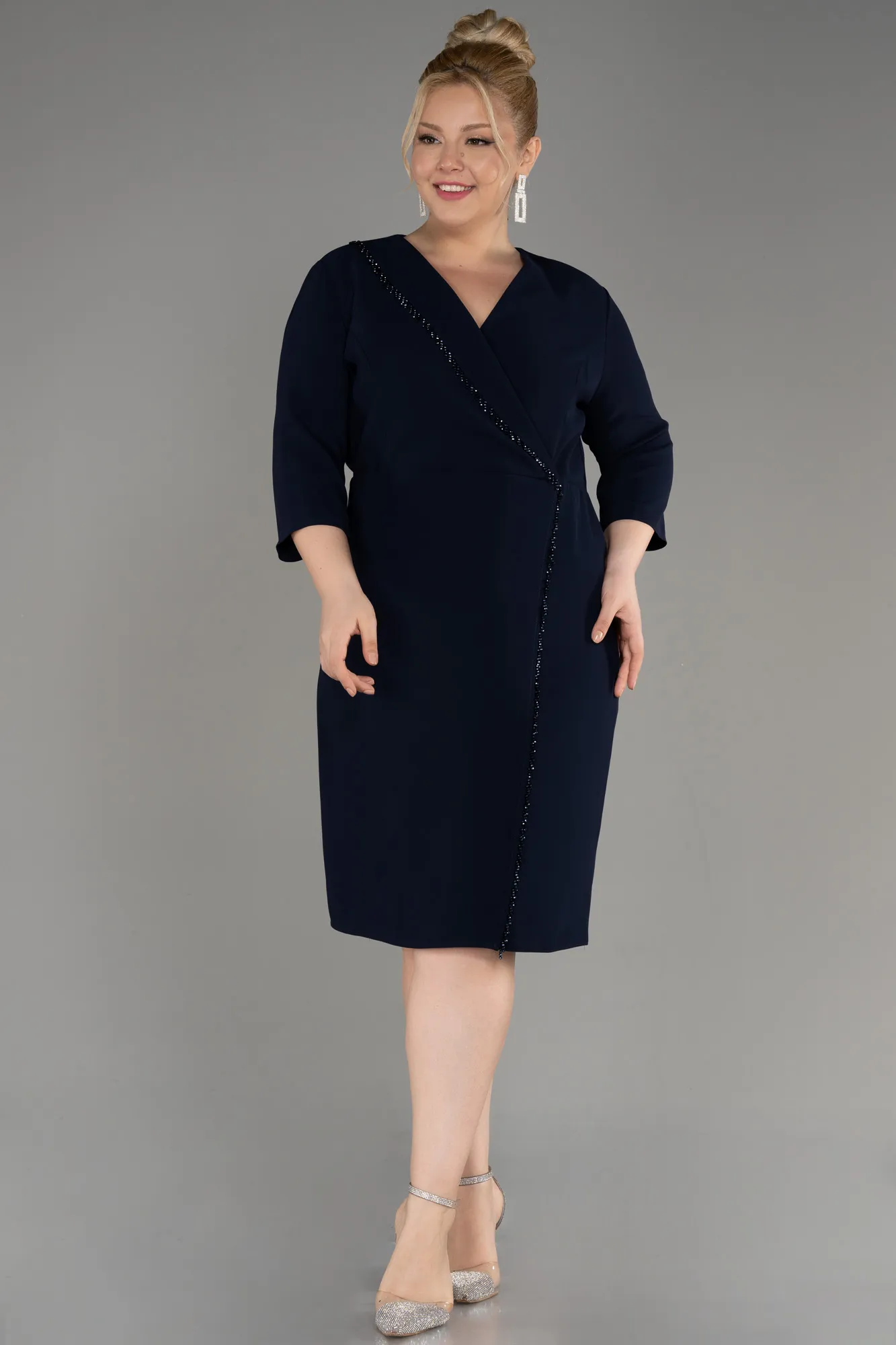 Navy Blue-Capri Sleeve Short Plus Size Evening Dress ABK2096