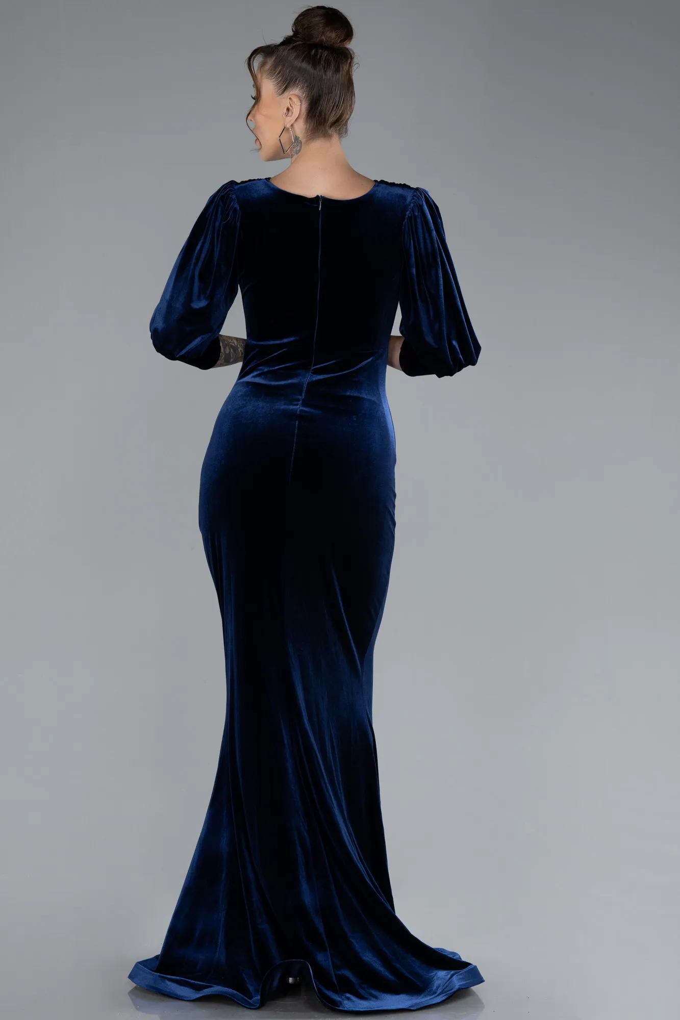 Navy Blue-Capri Sleeve Slit Long Velvet Evening Dress ABU4374