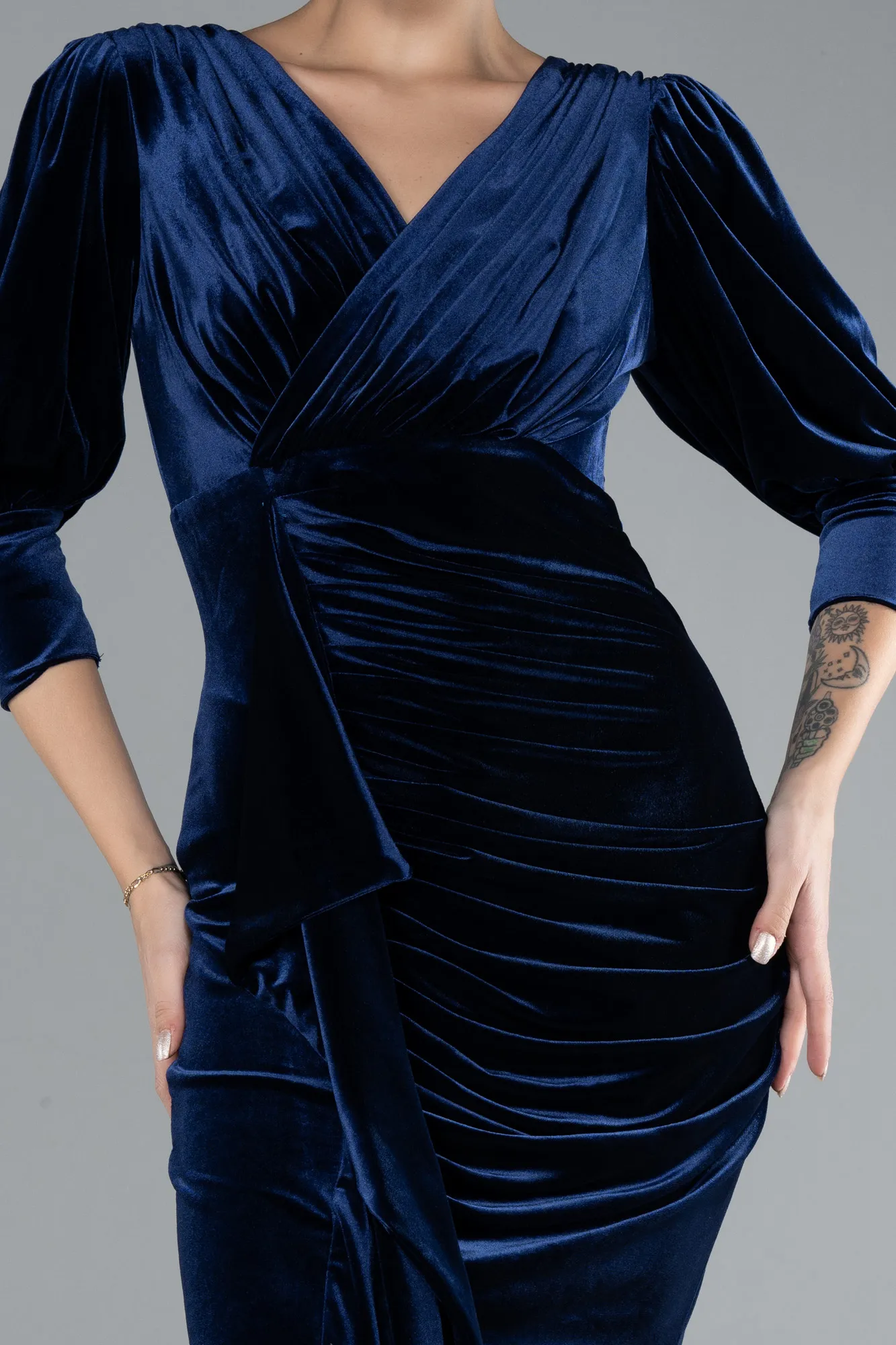 Navy Blue-Capri Sleeve Slit Long Velvet Evening Dress ABU4374