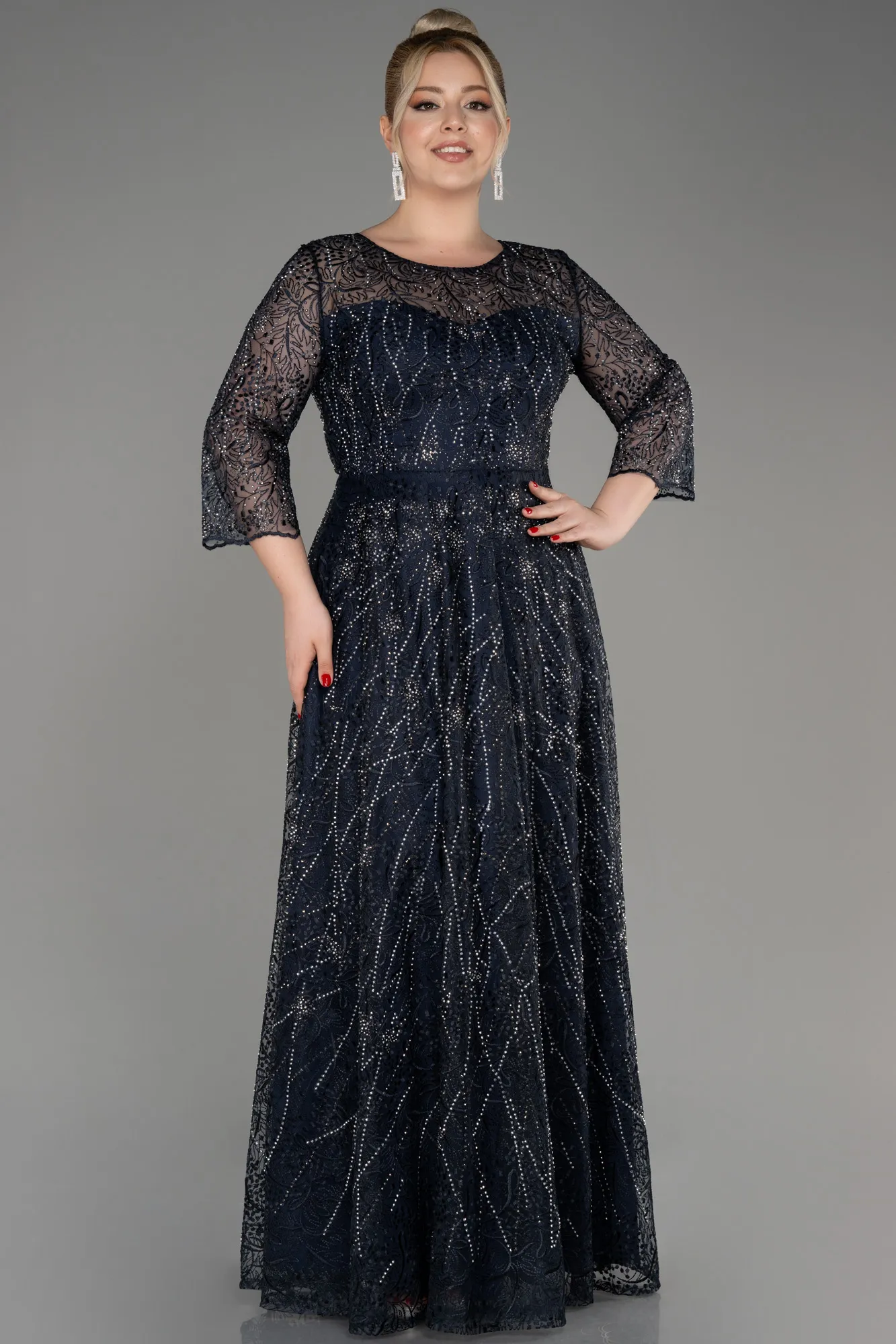 Navy Blue-Capri Sleeve Stone Long Guipure Plus Size Evening Dress ABU3929