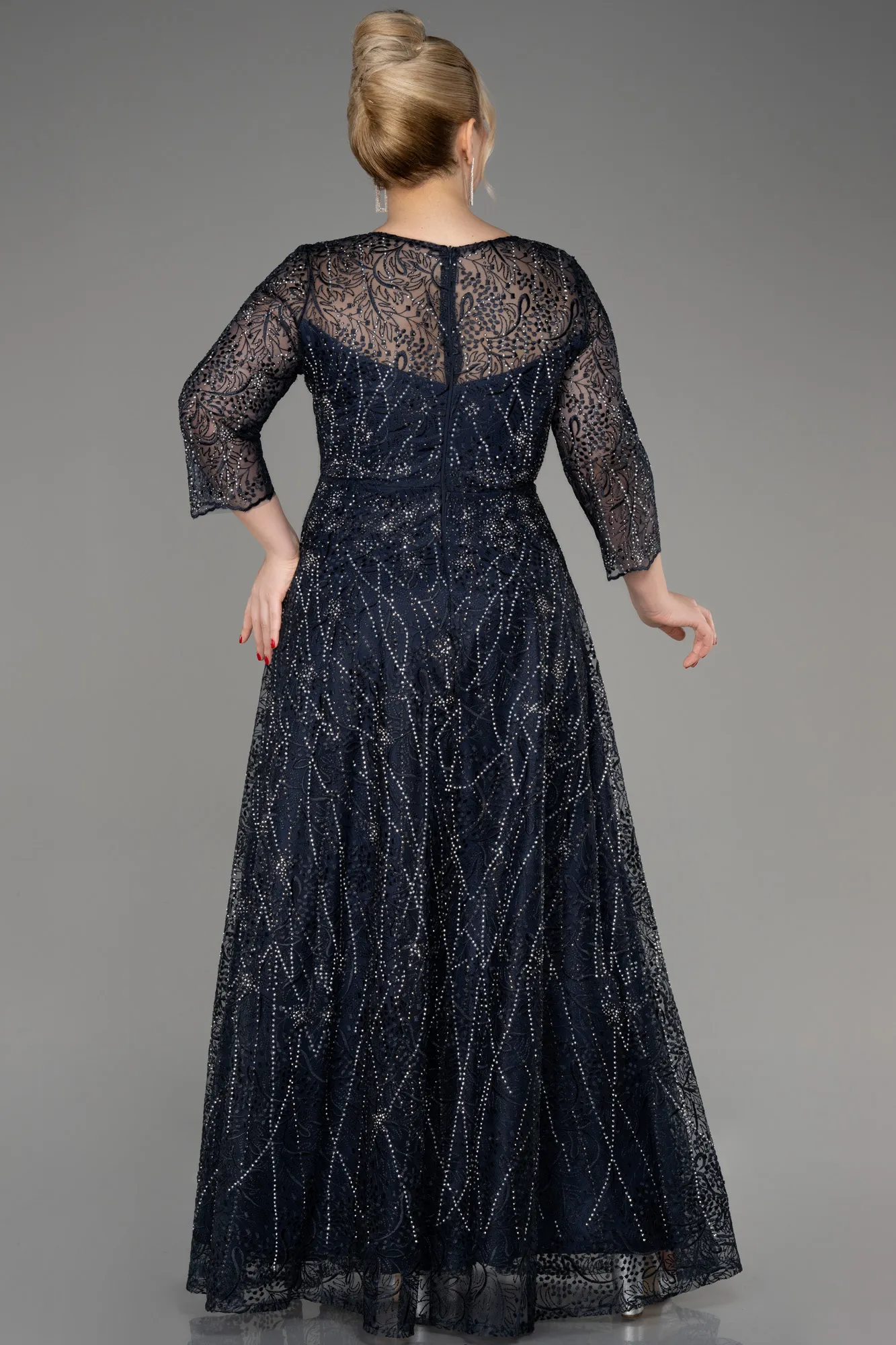 Navy Blue-Capri Sleeve Stone Long Guipure Plus Size Evening Dress ABU3929