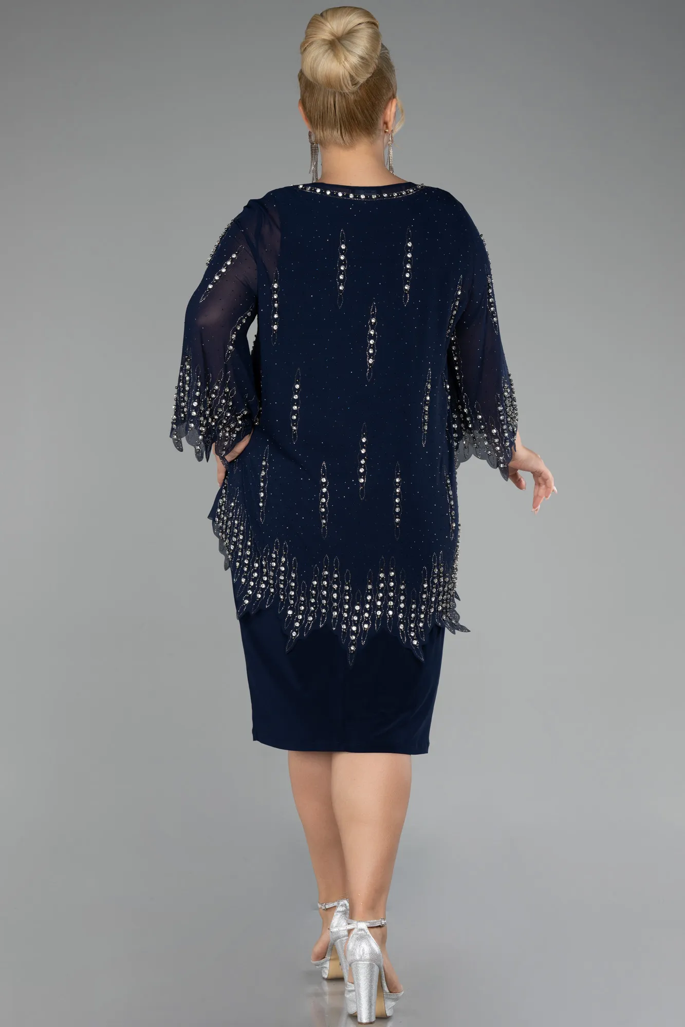 Navy Blue-Capri Sleeve Stone Midi Plus Size Invitation Dress ABK2131