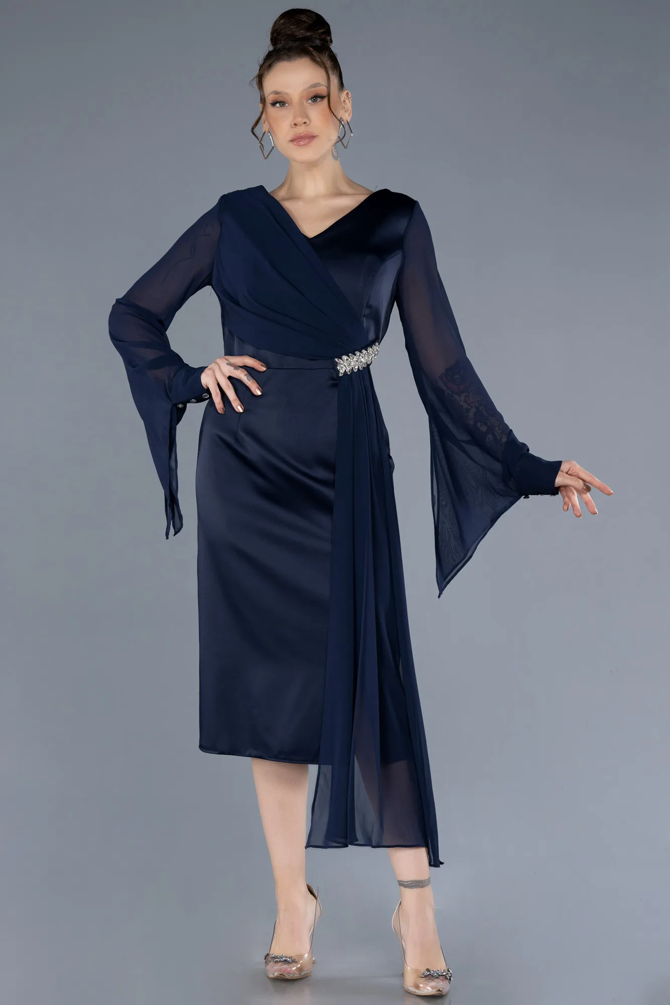 Navy Blue-Chiffon Long Sleeve Satin Midi Plus Size Invitation Dress ABK2194