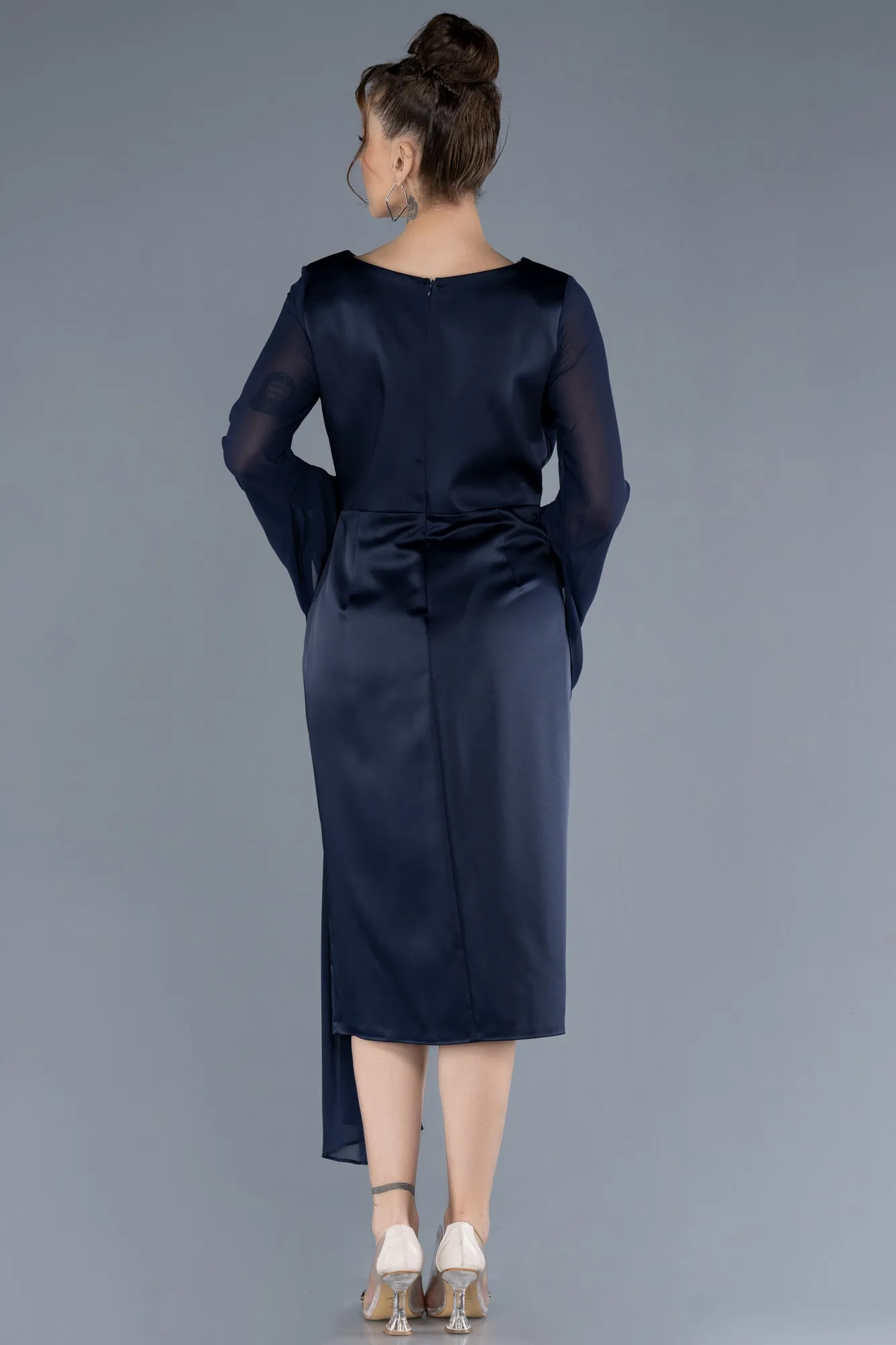 Navy Blue-Chiffon Long Sleeve Satin Midi Plus Size Invitation Dress ABK2194