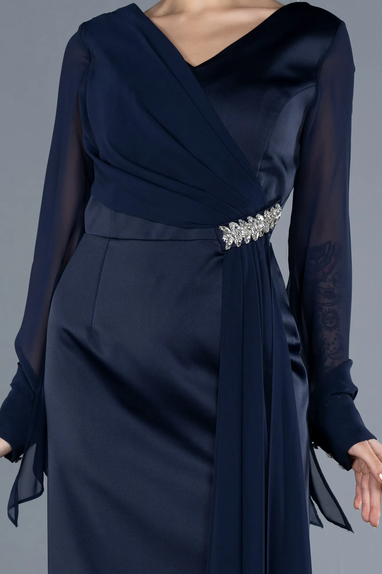 Navy Blue-Chiffon Long Sleeve Satin Midi Plus Size Invitation Dress ABK2194