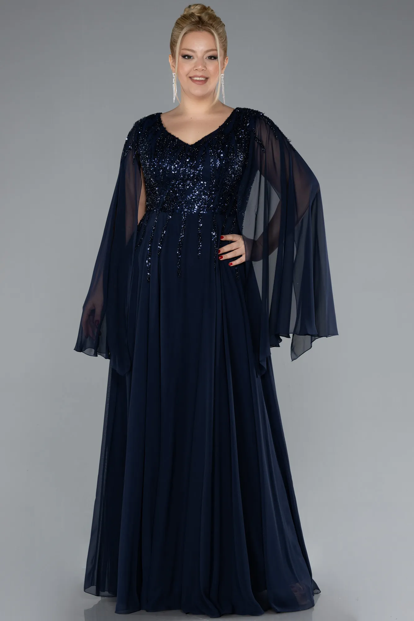 Navy Blue-Chiffon Shawl Sleeve V Neck Scaly Long Plus Size Evening Dress ABU4507