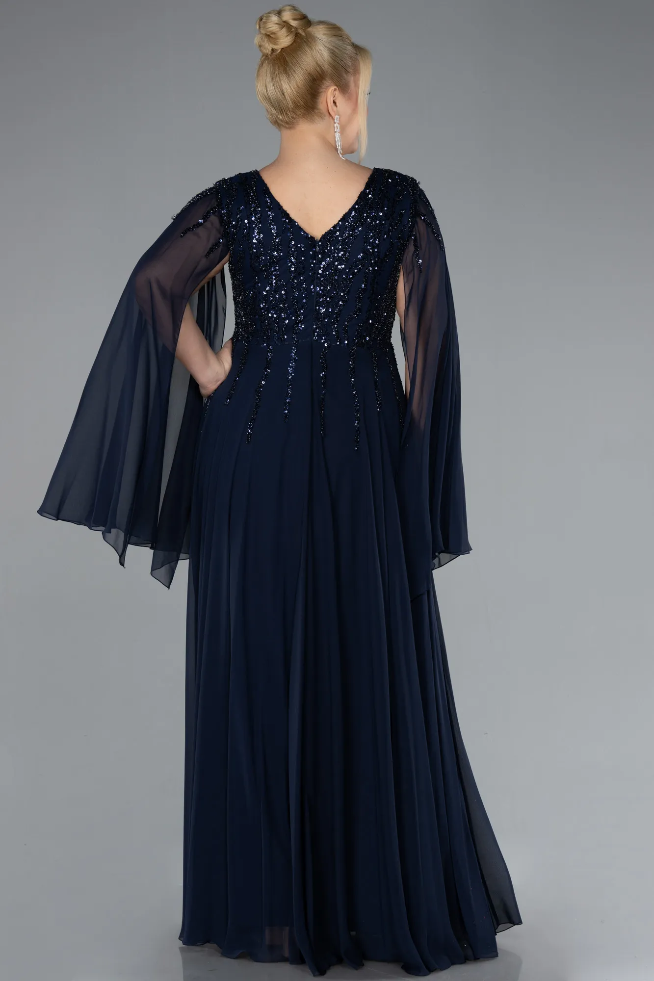 Navy Blue-Chiffon Shawl Sleeve V Neck Scaly Long Plus Size Evening Dress ABU4507