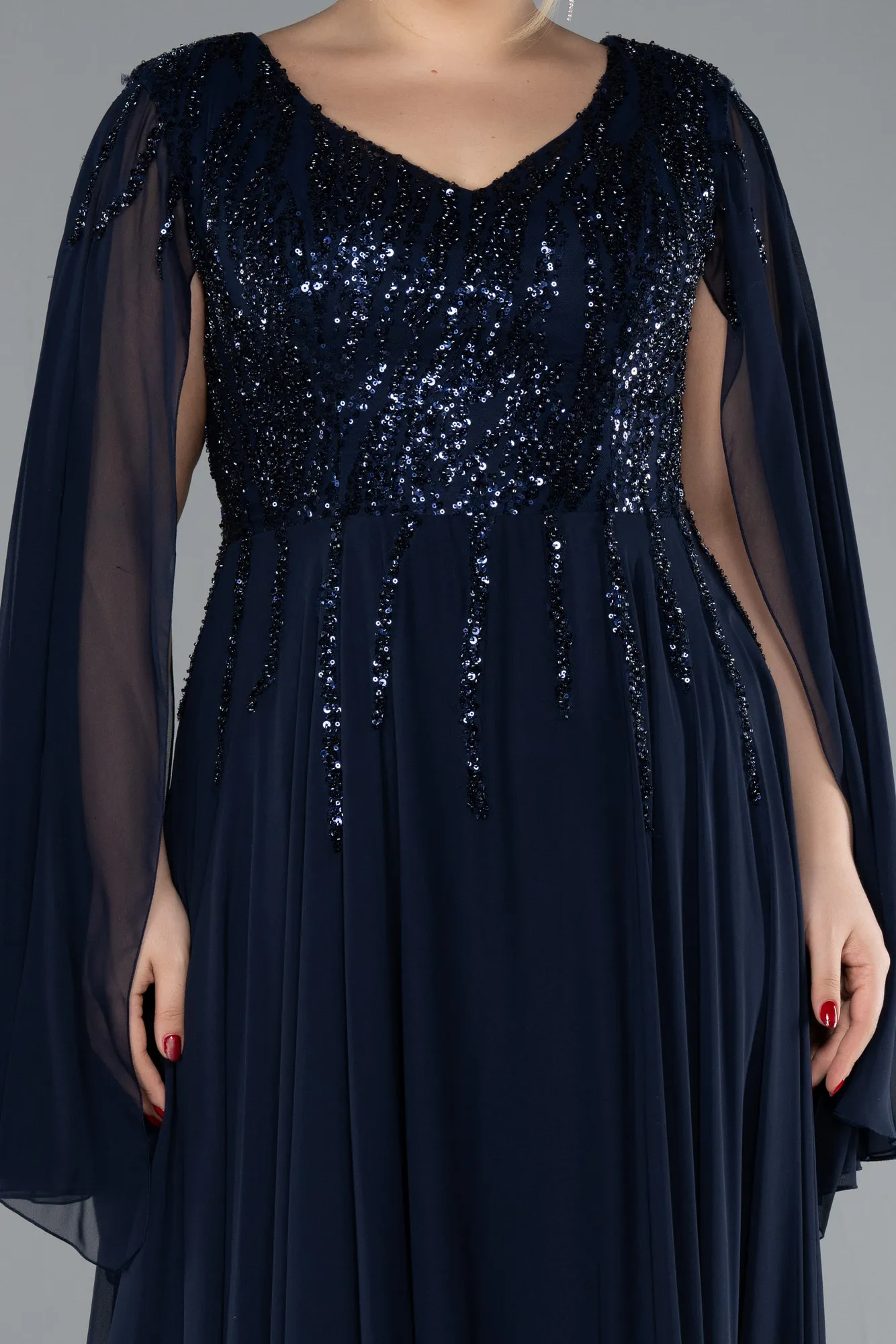 Navy Blue-Chiffon Shawl Sleeve V Neck Scaly Long Plus Size Evening Dress ABU4507