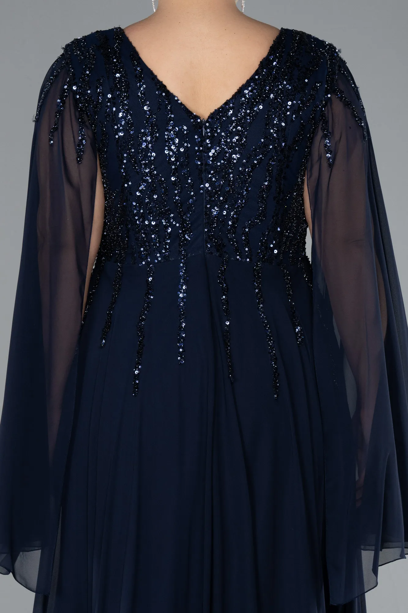 Navy Blue-Chiffon Shawl Sleeve V Neck Scaly Long Plus Size Evening Dress ABU4507