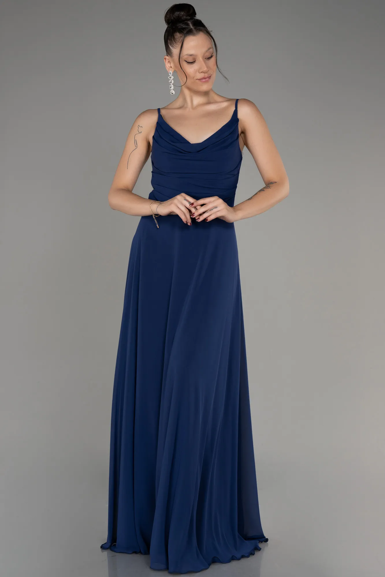 Navy Blue-Cowl Neck Long Chiffon Evening Dress ABU4041