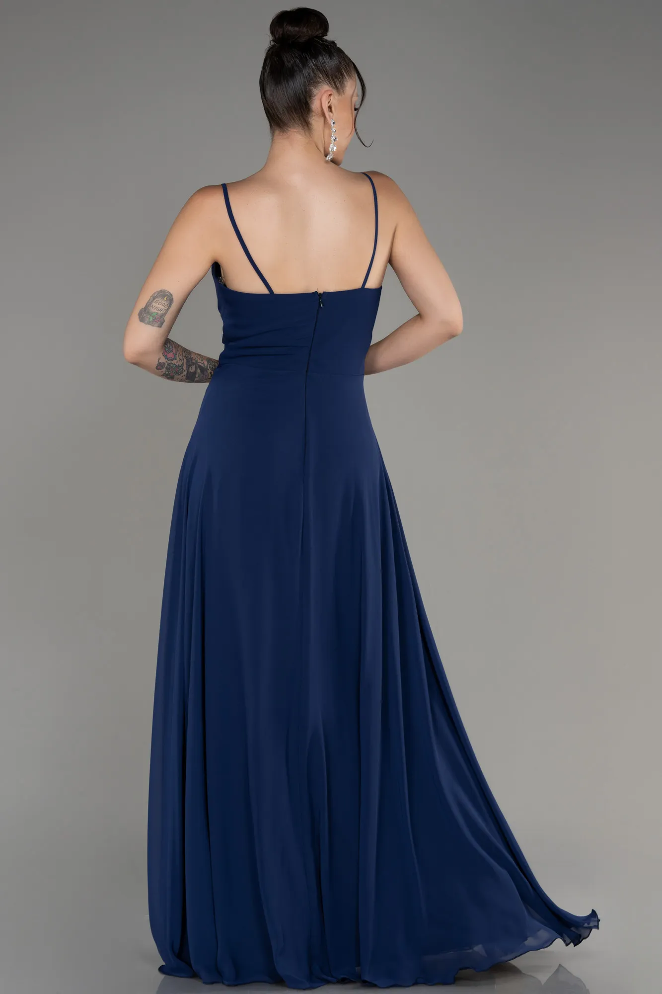 Navy Blue-Cowl Neck Long Chiffon Evening Dress ABU4041