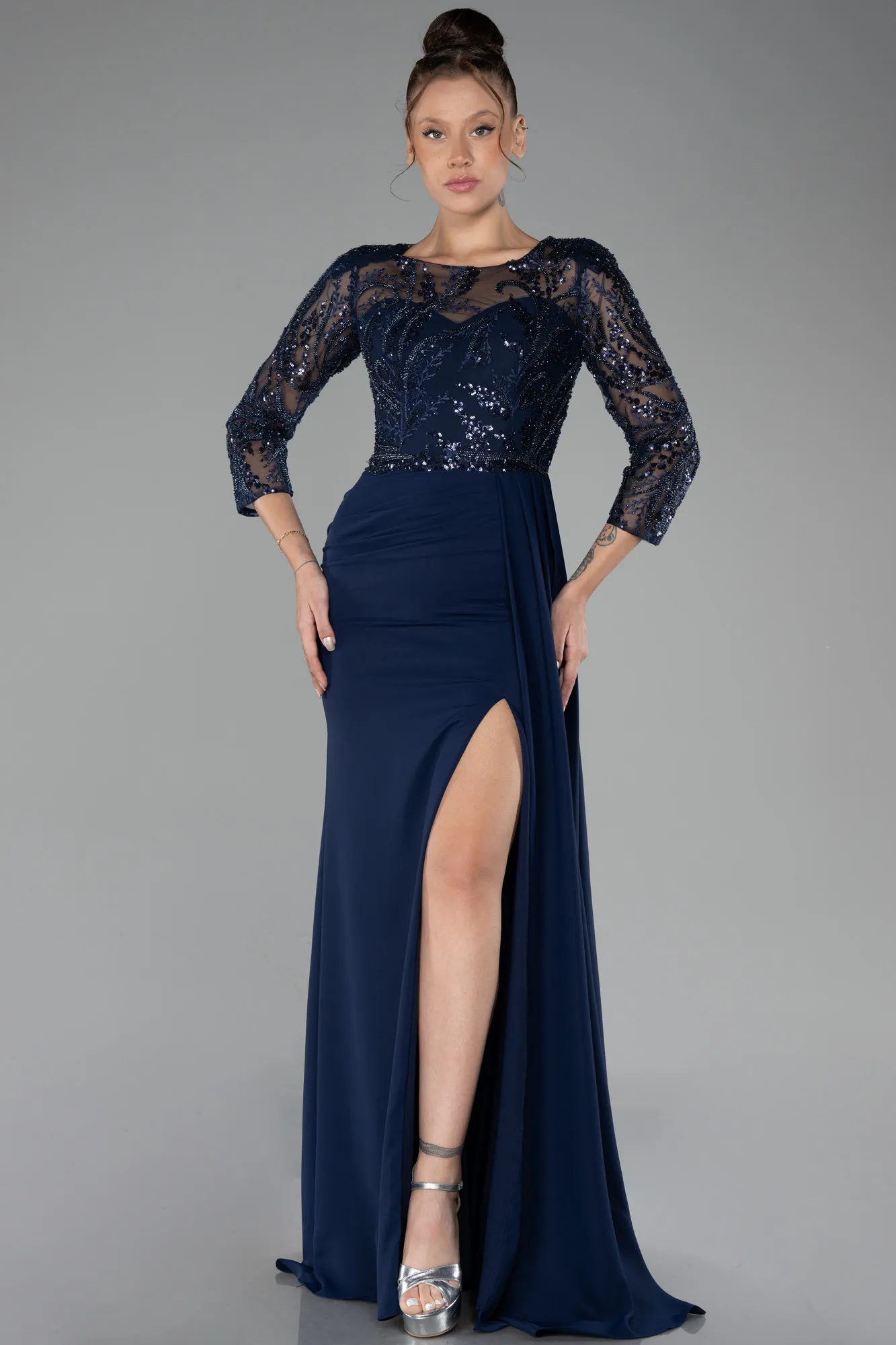 Navy Blue-Embroidered Capri Sleeve Slit Chiffon Evening Gown ABU4293