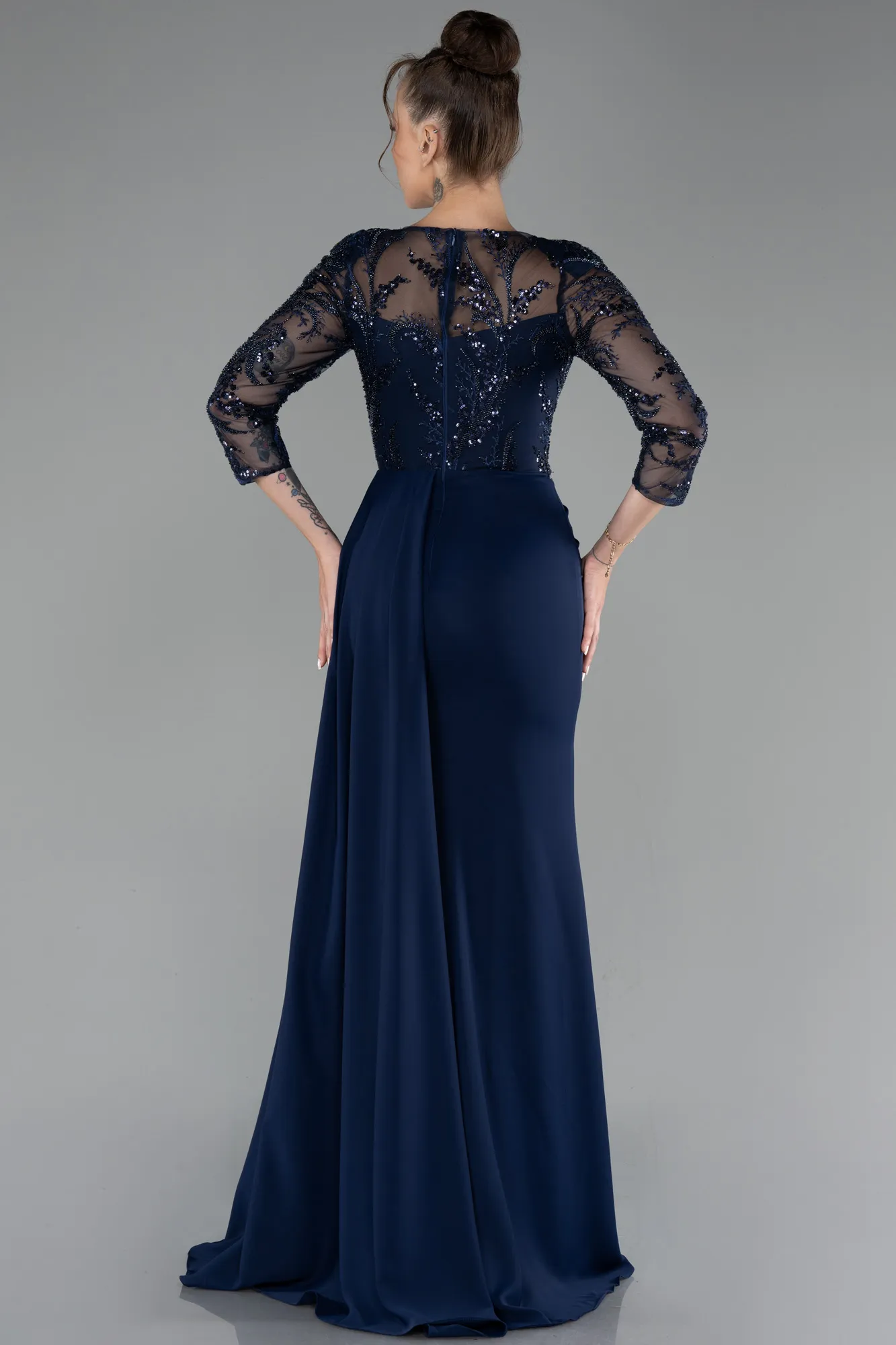 Navy Blue-Embroidered Capri Sleeve Slit Chiffon Evening Gown ABU4293