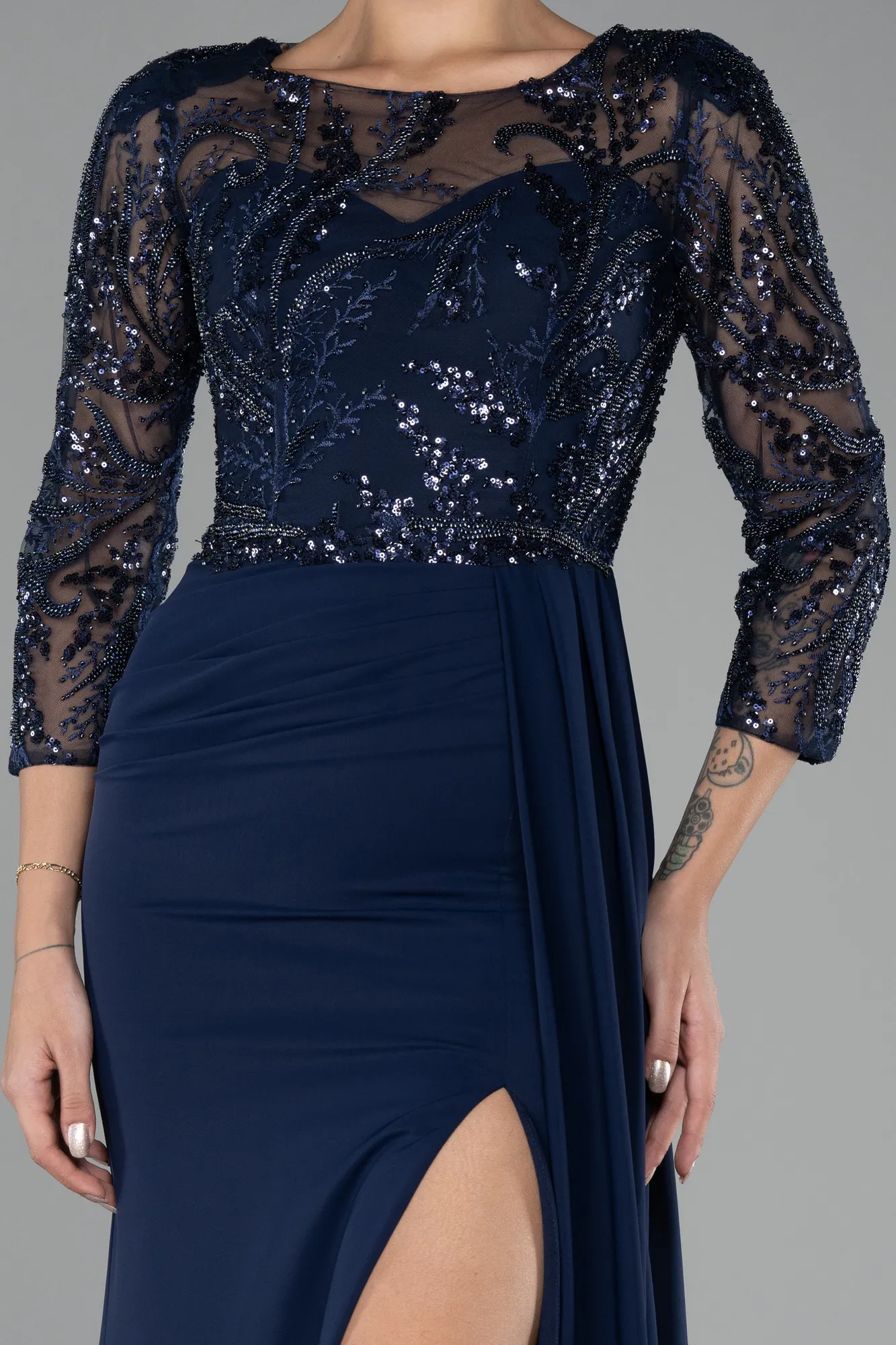 Navy Blue-Embroidered Capri Sleeve Slit Chiffon Evening Gown ABU4293