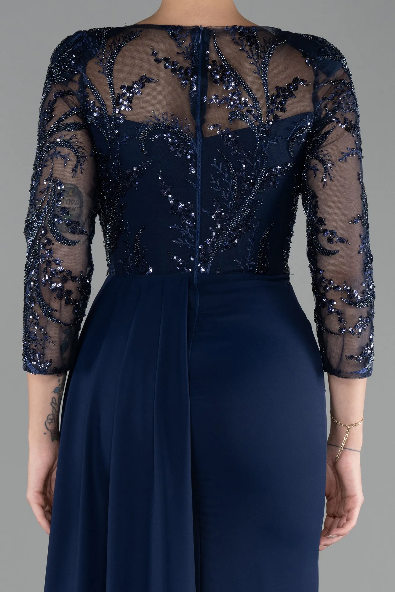 Navy Blue-Embroidered Capri Sleeve Slit Chiffon Evening Gown ABU4293