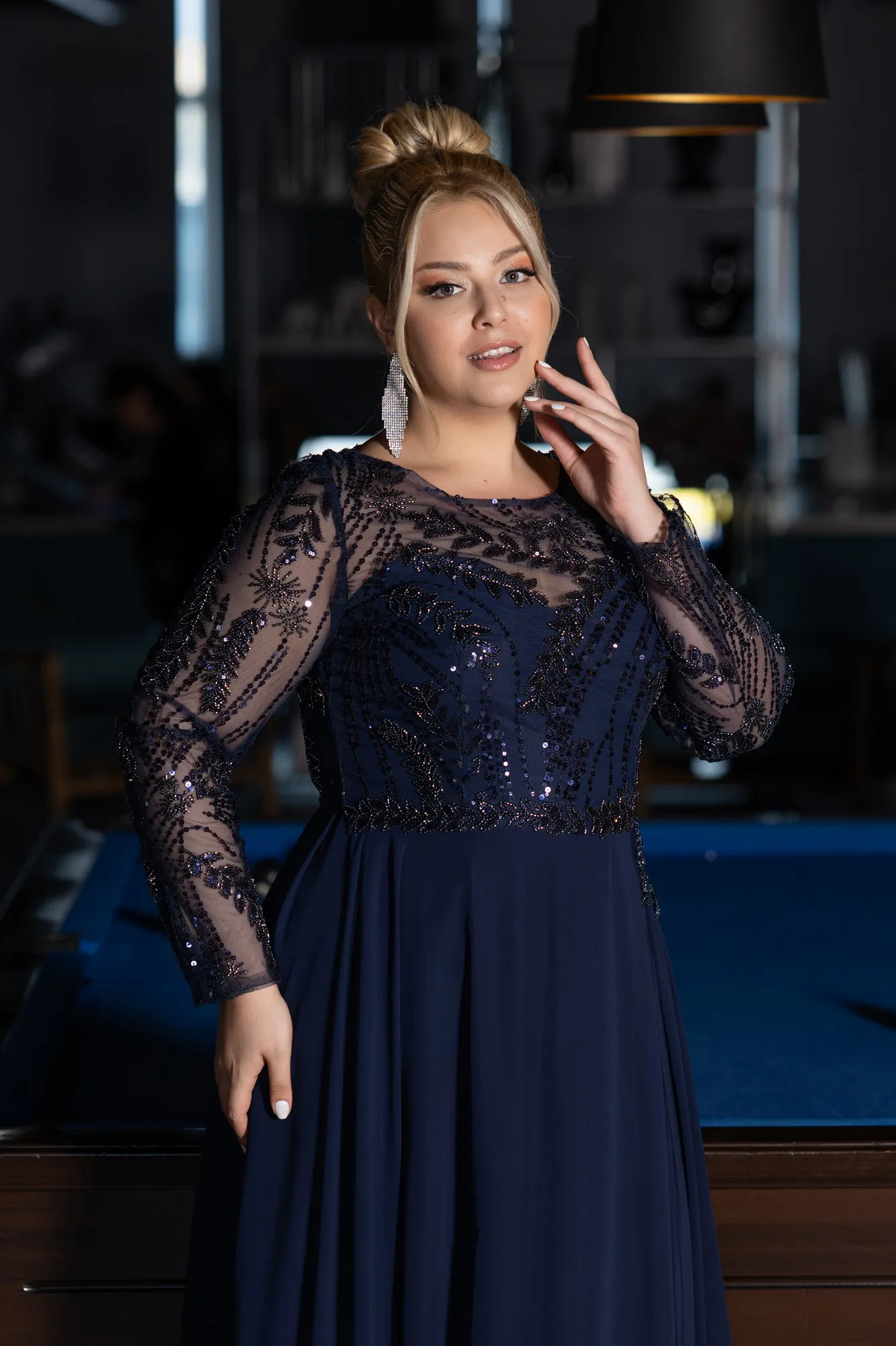 Navy Blue-Embroidered Long Sleeve Chiffon Plus Size Evening Gown ABU4312