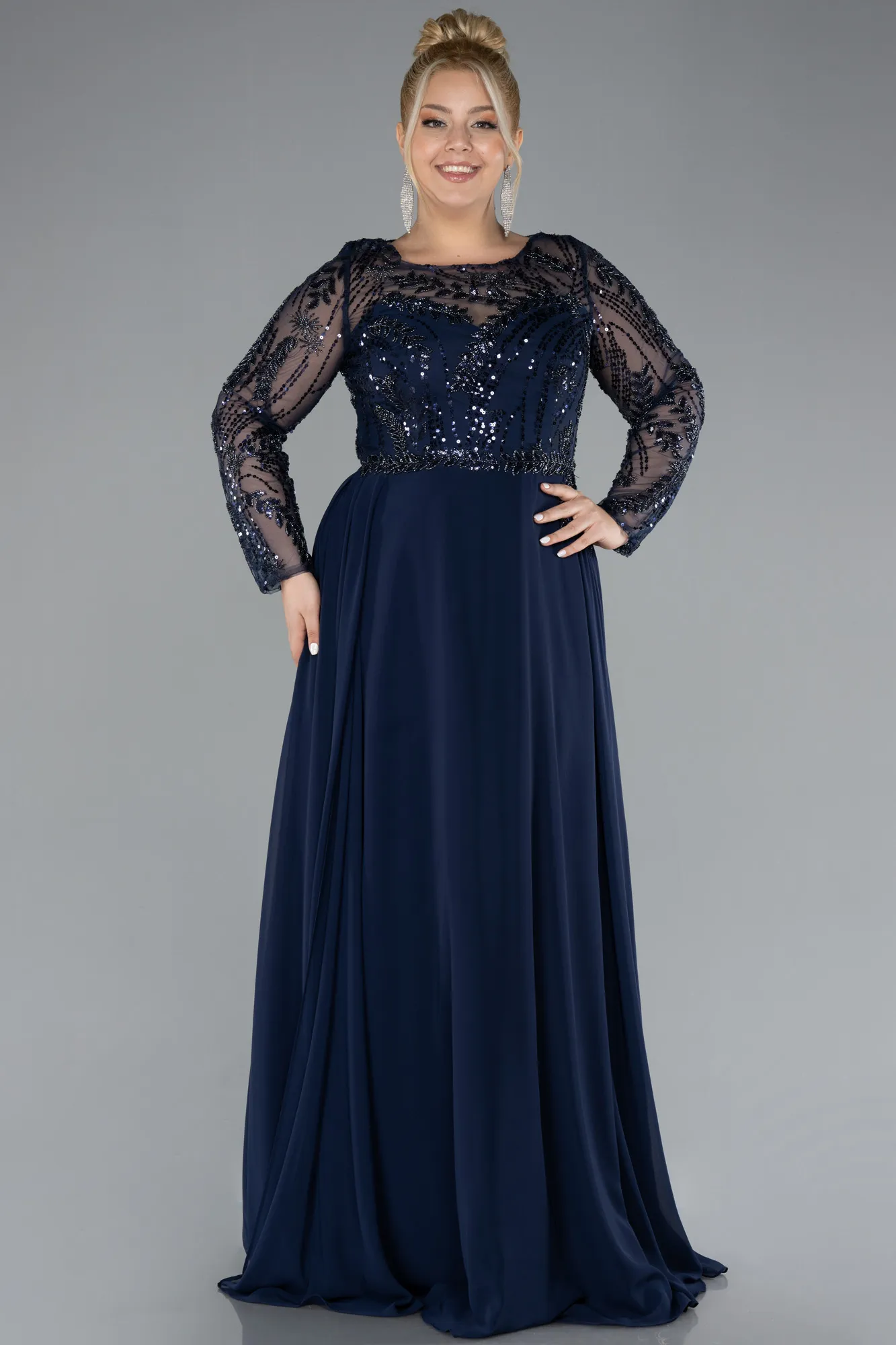 Navy Blue-Embroidered Long Sleeve Chiffon Plus Size Evening Gown ABU4312