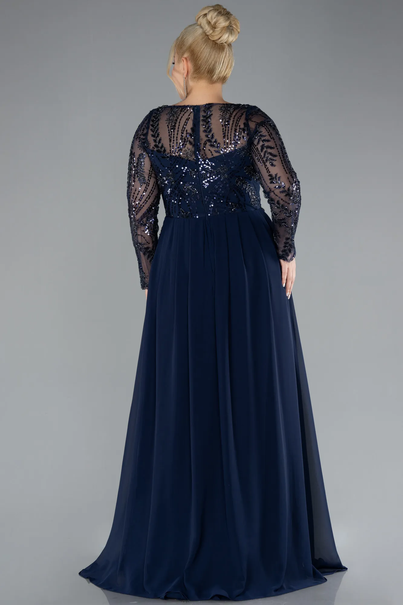 Navy Blue-Embroidered Long Sleeve Chiffon Plus Size Evening Gown ABU4312