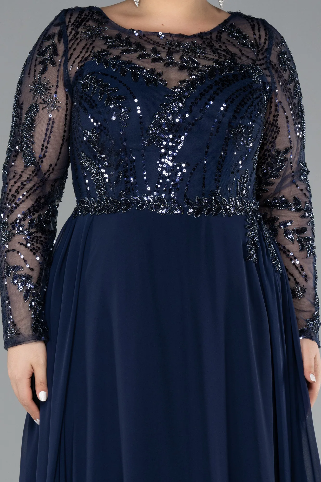 Navy Blue-Embroidered Long Sleeve Chiffon Plus Size Evening Gown ABU4312